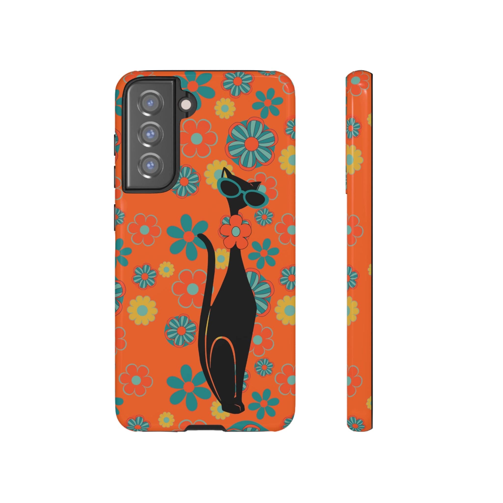 Flower Power, Retro Groovy Atomic Cat, Hipster Style Orange Samsung Galaxy and Google Pixel Tough Cases Phone Case