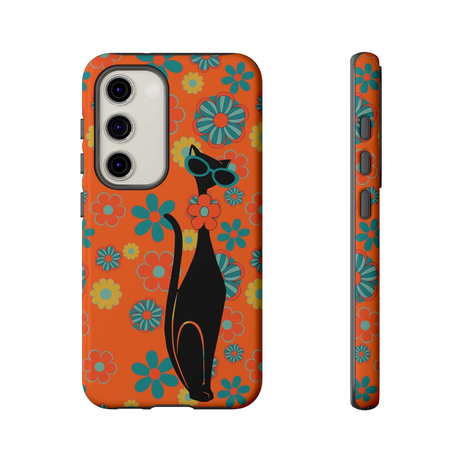 Flower Power, Retro Groovy Atomic Cat, Hipster Style Orange Samsung Galaxy and Google Pixel Tough Cases Phone Case