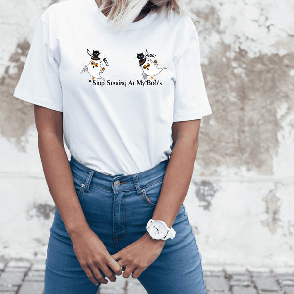 Funny Halloween Retro Shirt, Stop Staring At My Boo's Halloween Party Ghosts, Atomic Cats, Modern Unisex T-Shirt