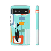 Atomic Cat, Mid Mod Aqua Blue, Geometric, Samsung, Google Pixel, Tough Cases Phone Case Google Pixel 6 / Glossy Mid Century Modern Gal