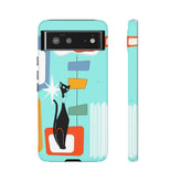 Atomic Cat, Mid Mod Aqua Blue, Geometric, Samsung, Google Pixel, Tough Cases Phone Case Google Pixel 6 / Matte Mid Century Modern Gal