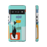 Atomic Cat, Mid Mod Aqua Blue, Geometric, Samsung, Google Pixel, Tough Cases Phone Case Google Pixel 6 Pro / Glossy Mid Century Modern Gal