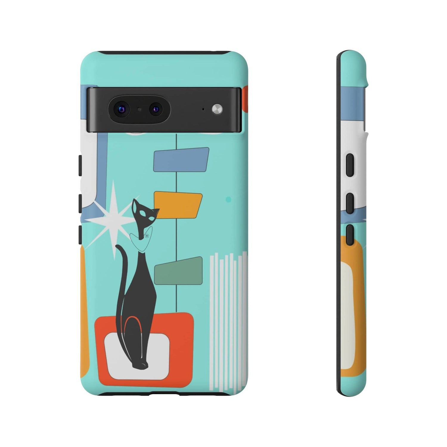 Atomic Cat, Mid Mod Aqua Blue, Geometric, Samsung, Google Pixel, Tough Cases Phone Case Google Pixel 7 / Matte