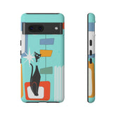 Atomic Cat, Mid Mod Aqua Blue, Geometric, Samsung, Google Pixel, Tough Cases Phone Case Google Pixel 7 / Matte Mid Century Modern Gal