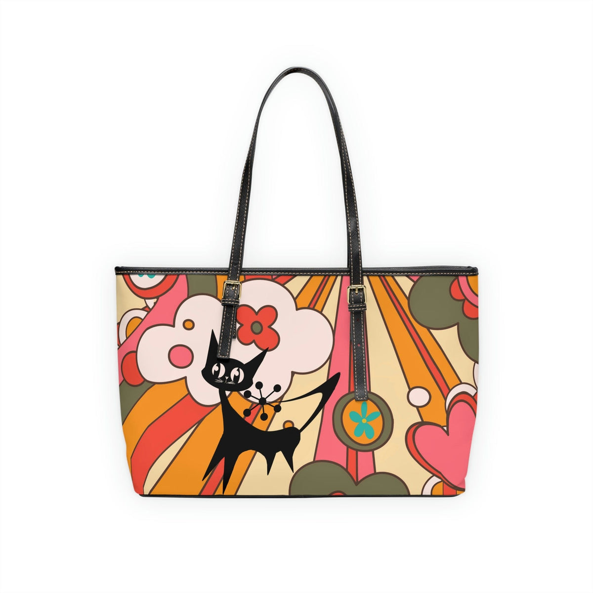 Groovy 70's Atomic Kitschy Cat, Retro Sun, Floral Fun And Funky Leather Shoulder Bag Bags