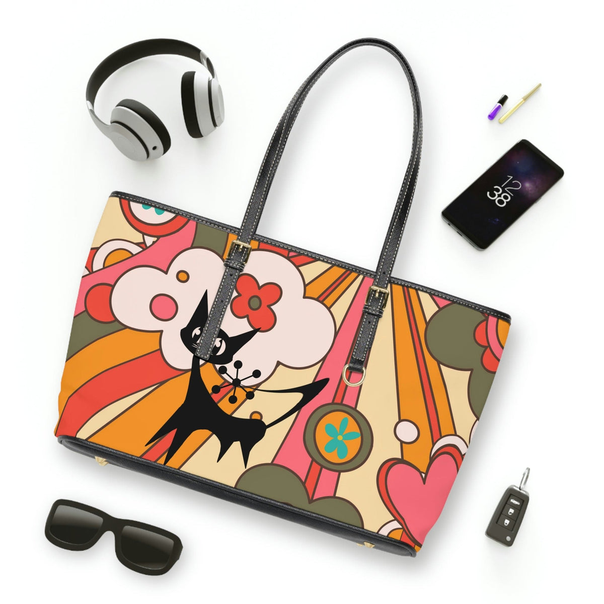Groovy 70's Atomic Kitschy Cat, Retro Sun, Floral Fun And Funky Leather Shoulder Bag Bags