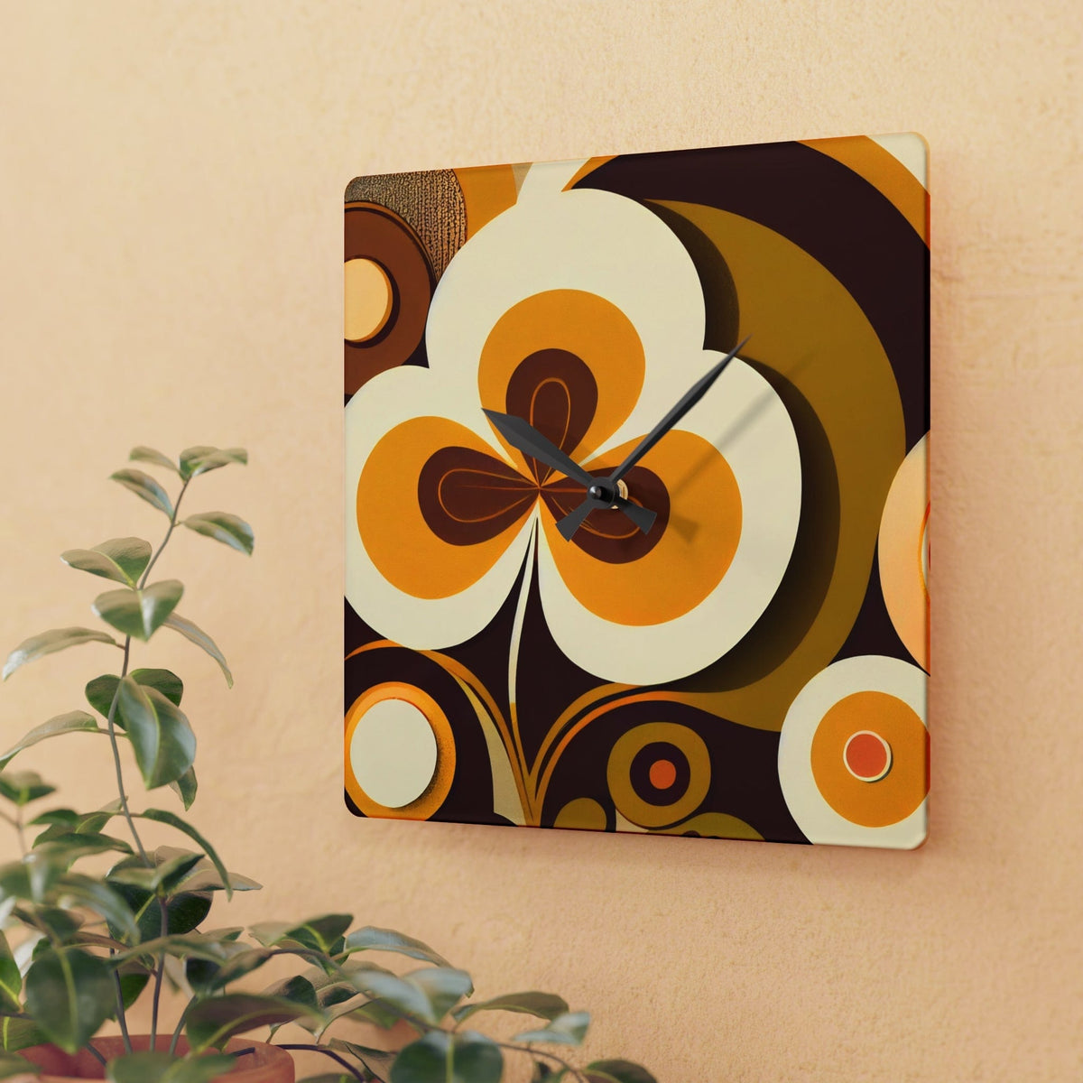 Groovy 70's Flower Power, Harvest Gold, Brown, Retro Funky Acrylic Wall Clock Home Decor