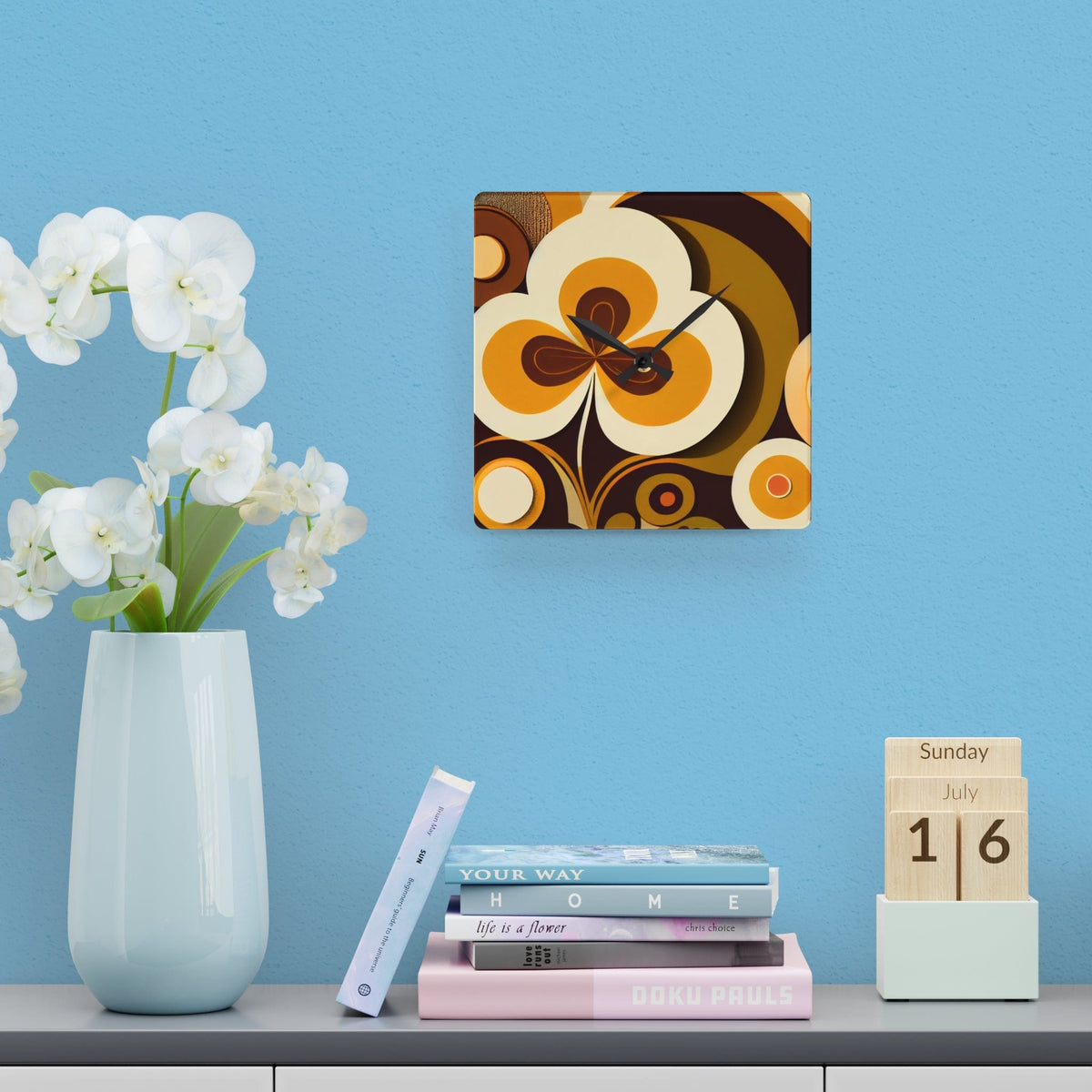Groovy 70's Flower Power, Harvest Gold, Brown, Retro Funky Acrylic Wall Clock Home Decor