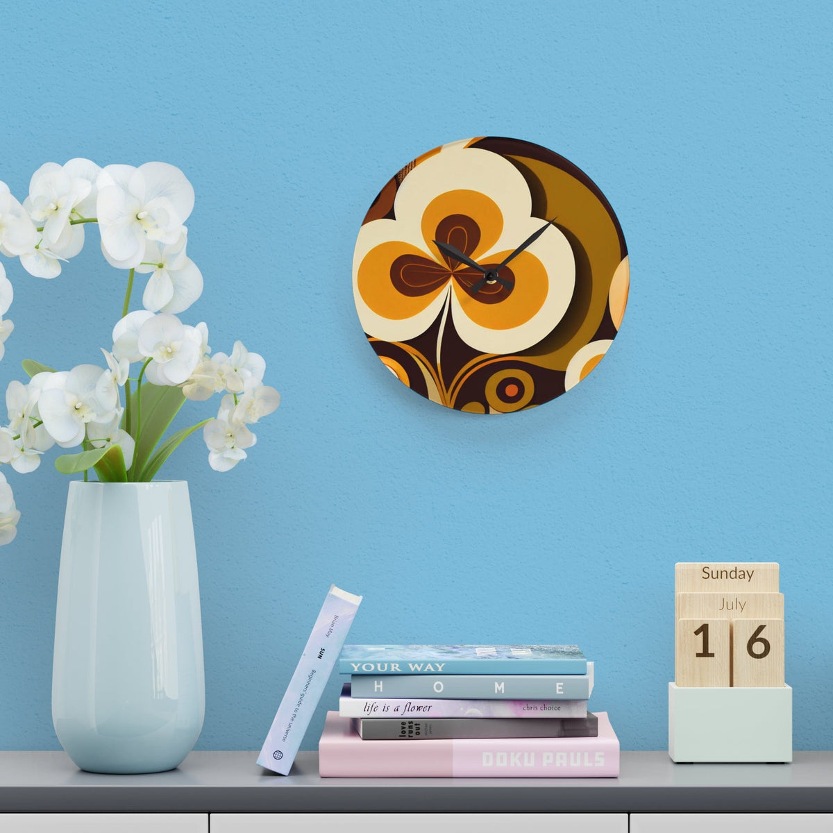 Groovy 70's Flower Power, Harvest Gold, Brown, Retro Funky Acrylic Wall Clock Home Decor