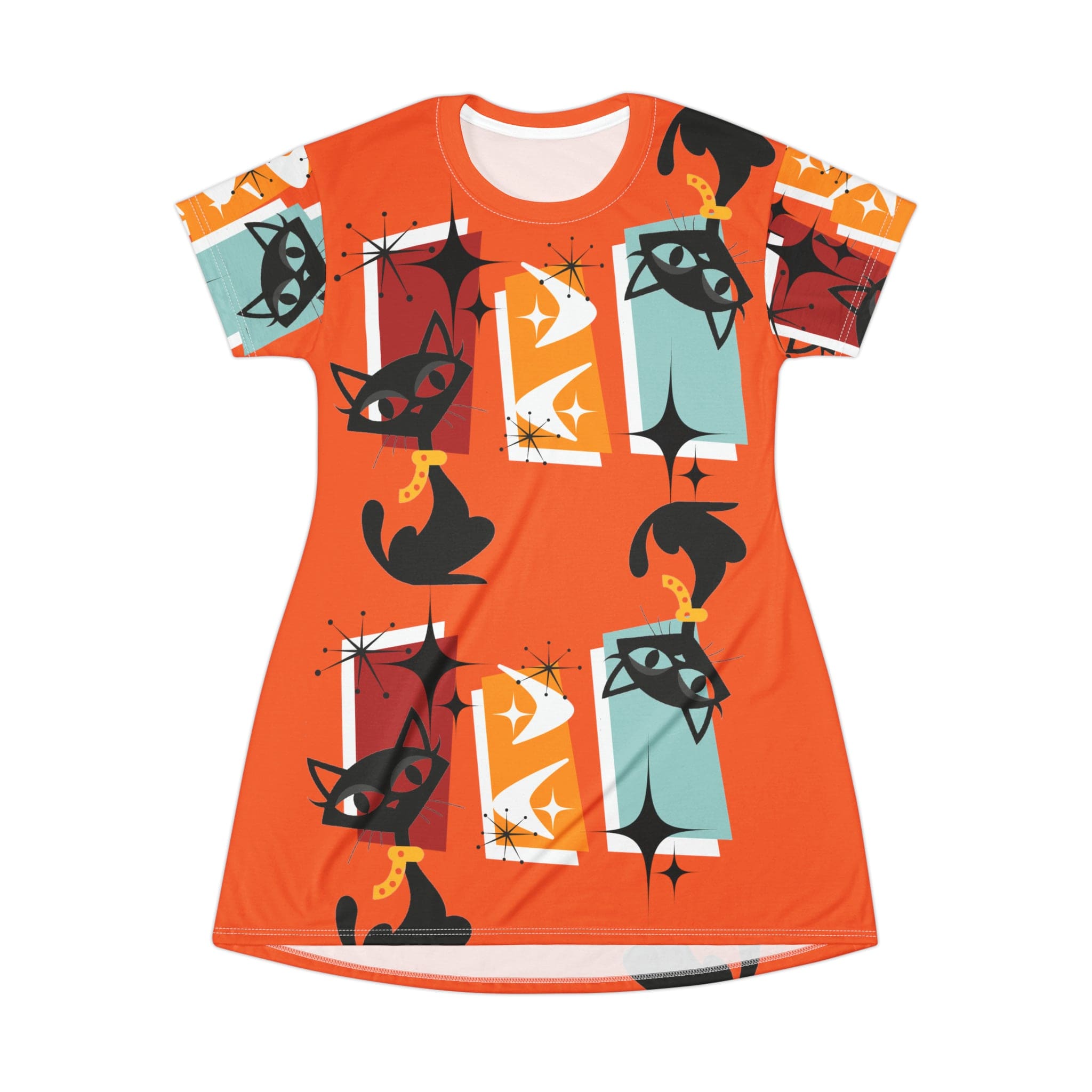 Groovy Retro Apparel, Atomic Kitschy Fun Cats, Disco Party, Retro Party, Mod Hipster T-Shirt Dress All Over Prints