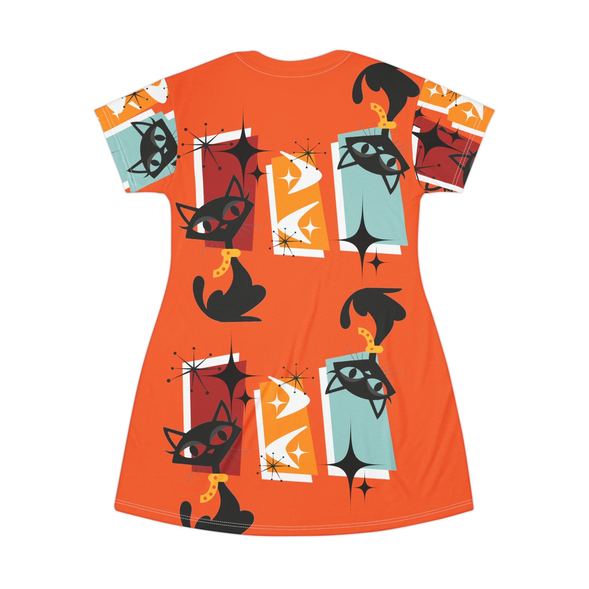 Groovy Retro Apparel, Atomic Kitschy Fun Cats, Disco Party, Retro Party, Mod Hipster T-Shirt Dress All Over Prints