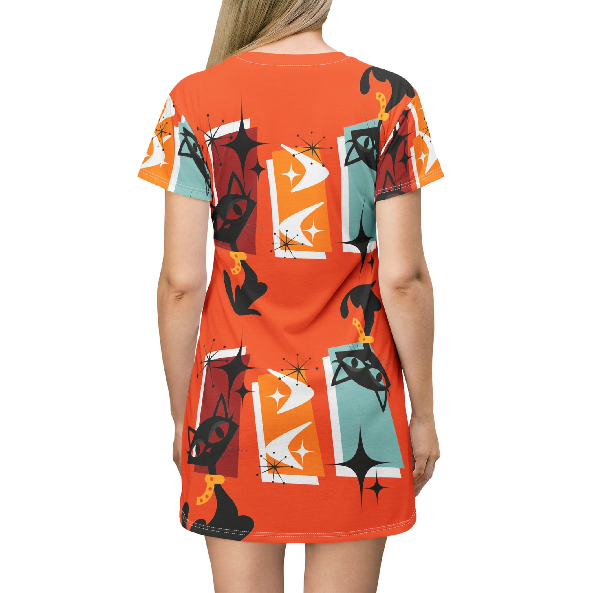 Groovy Retro Apparel, Atomic Kitschy Fun Cats, Disco Party, Retro Party, Mod Hipster T-Shirt Dress All Over Prints
