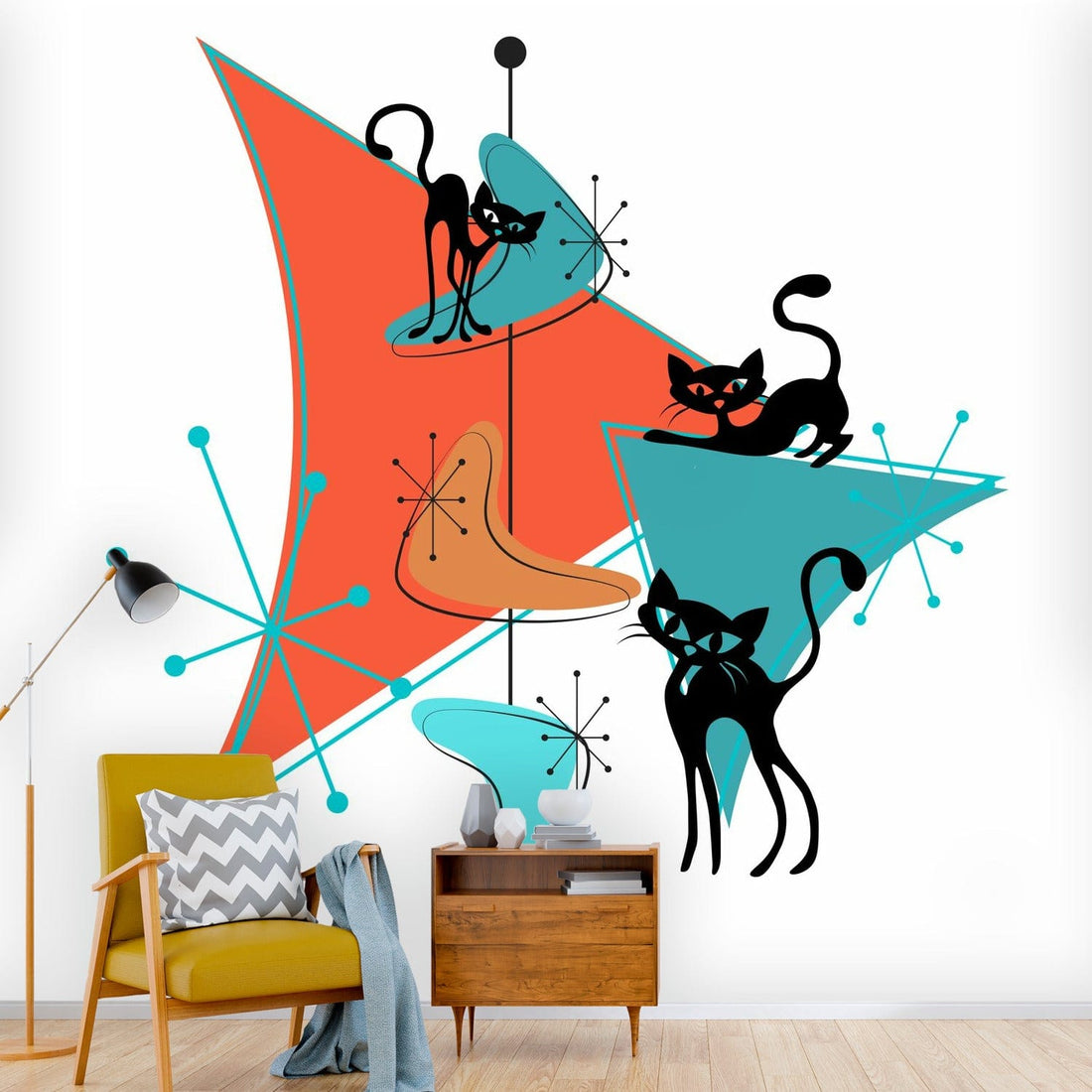 Atomic Cat Designed Peel And Stick, Kitschy Mid Century Modern Wall Paper Wall Mural Wallpaper H110 x W120
