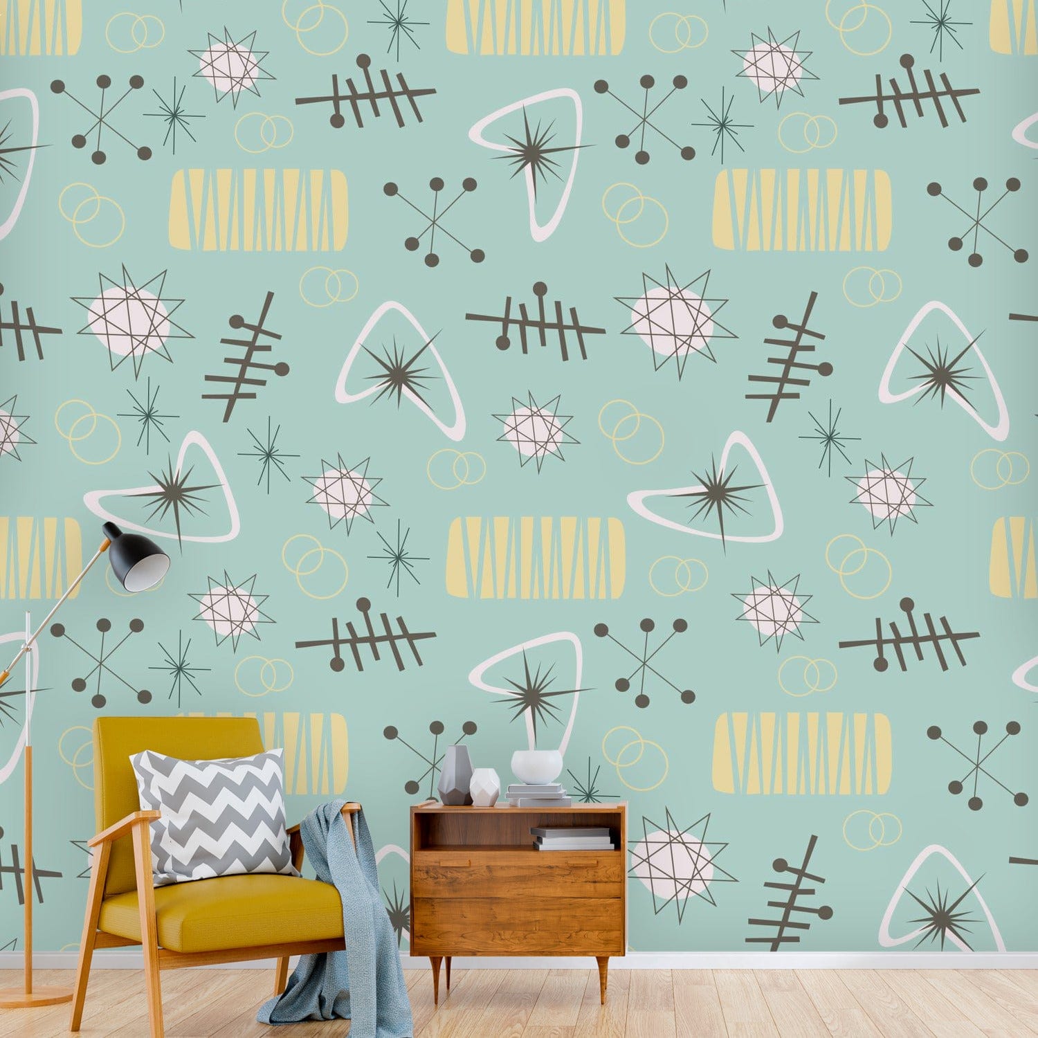 Atomic Franciscan Starburst, Boomerangs, Mid Century Modern Wall Paper, Peel And Stick Wall Murals Wallpaper H110 x W120