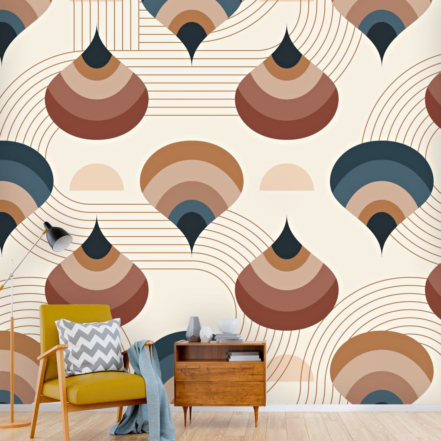 Mid Century Modern, Boho Vibes, Beige Groovy, Eartones, Peel And Stick Wall Murals Wallpaper H110 x W120