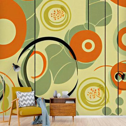 Mid Century Modern Wallpaper Groovy Green And Orange, Retro MCM Peel And Stick Wall Murals Wallpaper H110 x W120