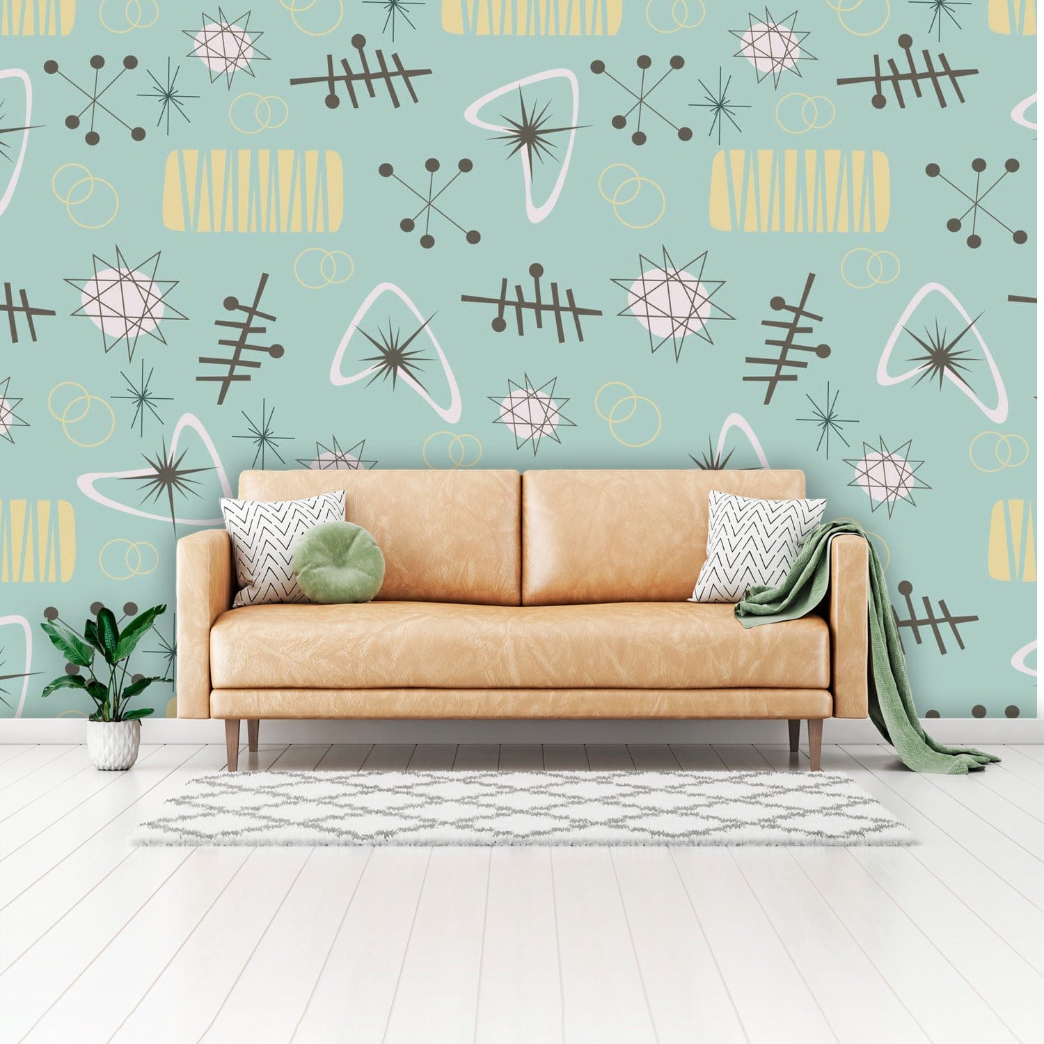 Atomic Franciscan Starburst, Boomerangs, Mid Century Modern Wall Paper, Peel And Stick Wall Murals Wallpaper H110 x W160