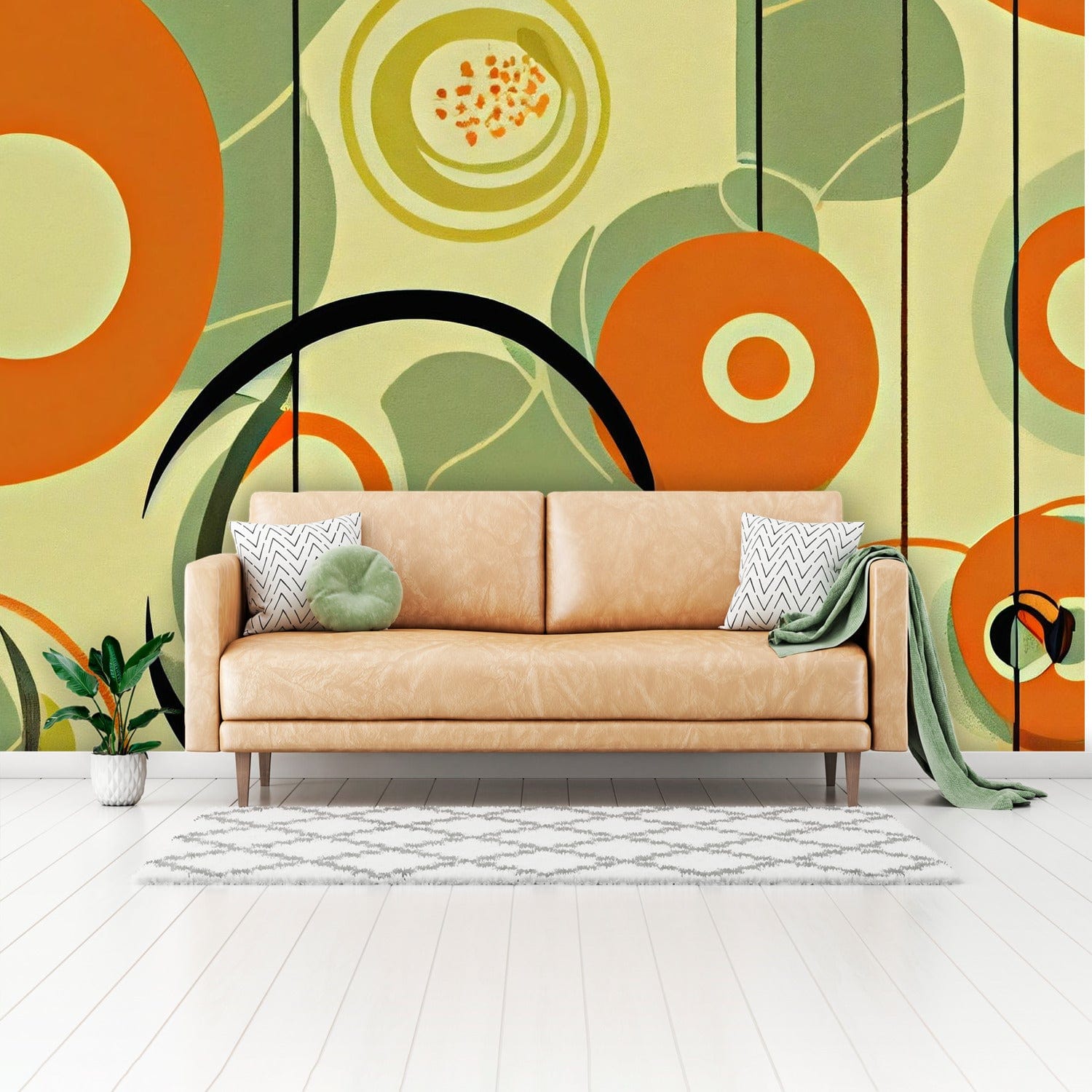 Mid Century Modern Wallpaper Groovy Green And Orange, Retro MCM Peel And Stick Wall Murals Wallpaper H110 x W160