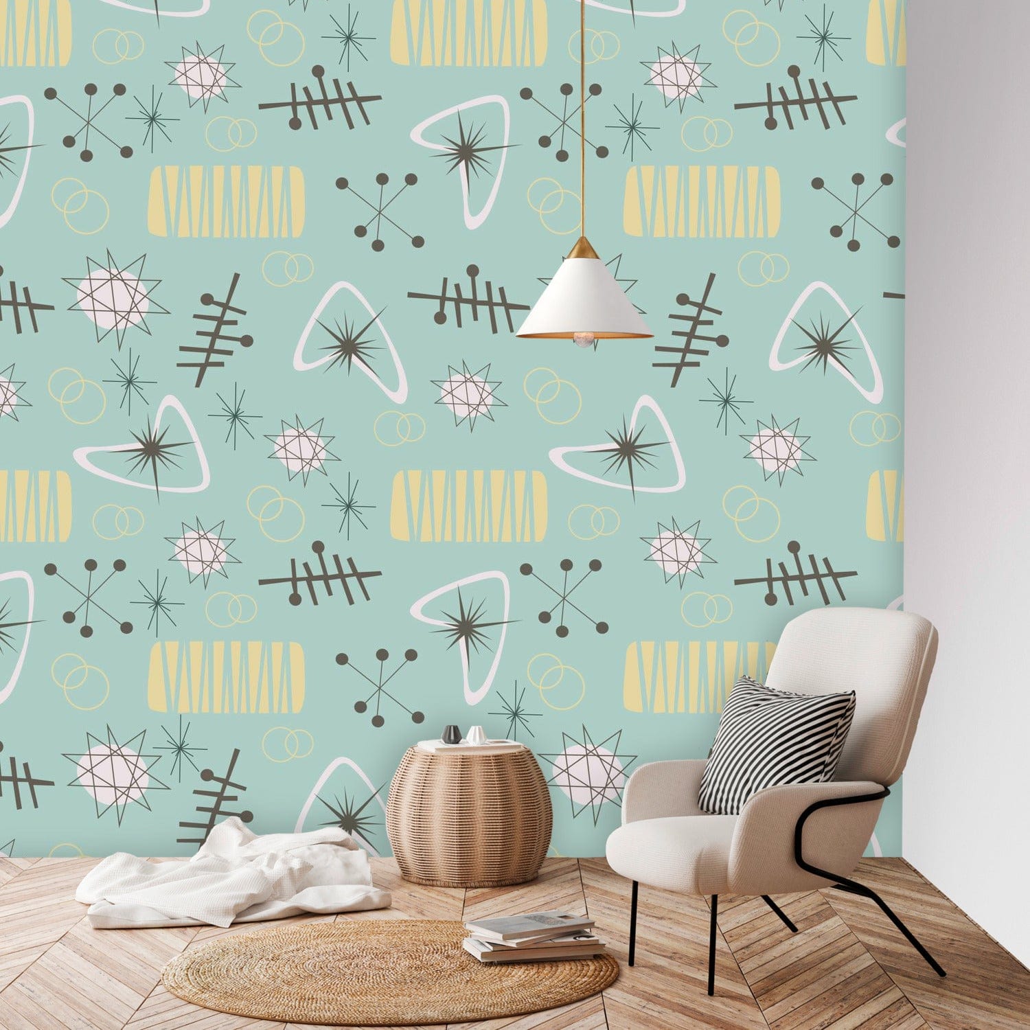 Atomic Franciscan Starburst, Boomerangs, Mid Century Modern Wall Paper, Peel And Stick Wall Murals Wallpaper H96 x W100