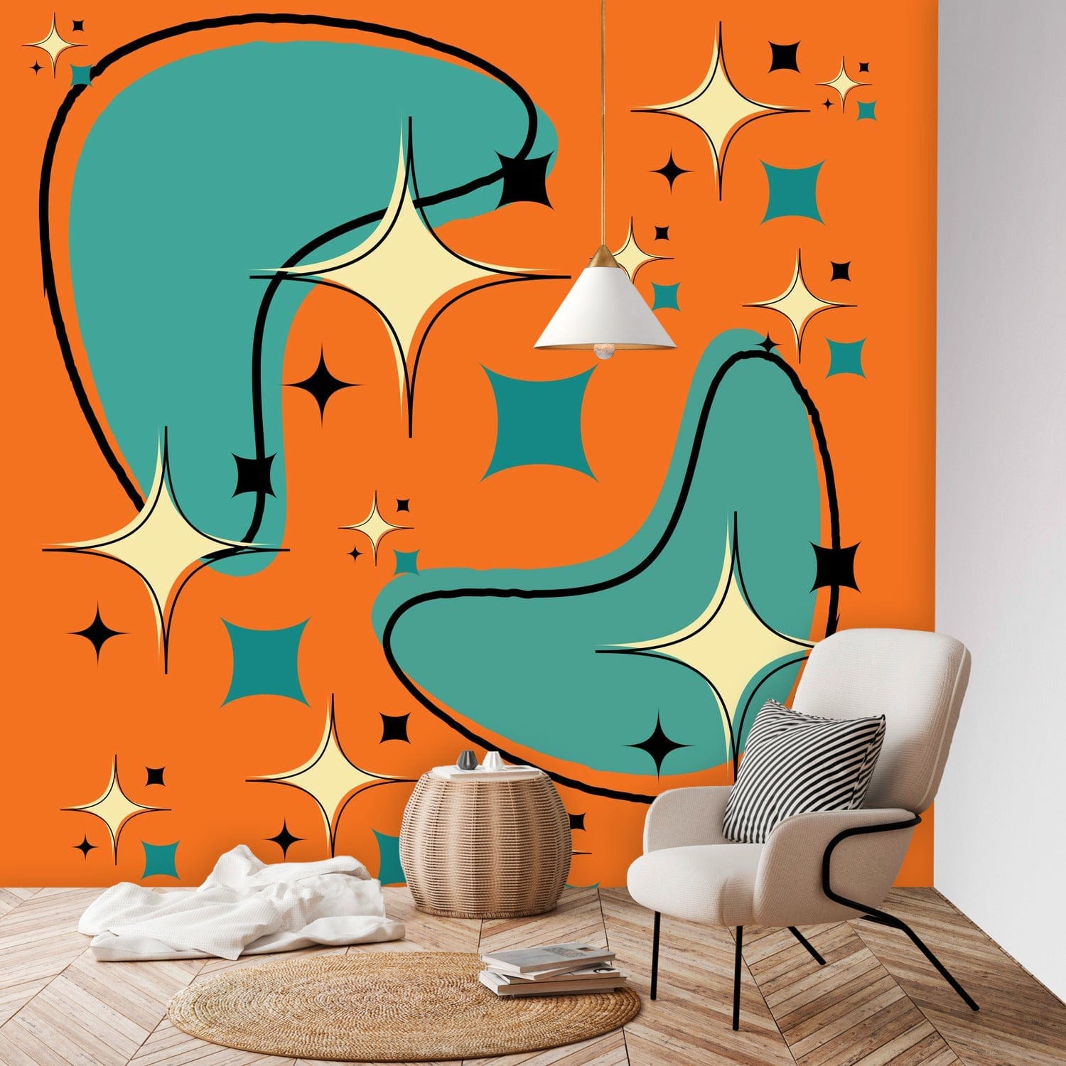 Mid Century Modern, Atomic Boomerang, Starburst, Teal, Orange Peel And Stick Wall Murals Wallpaper H96 x W100