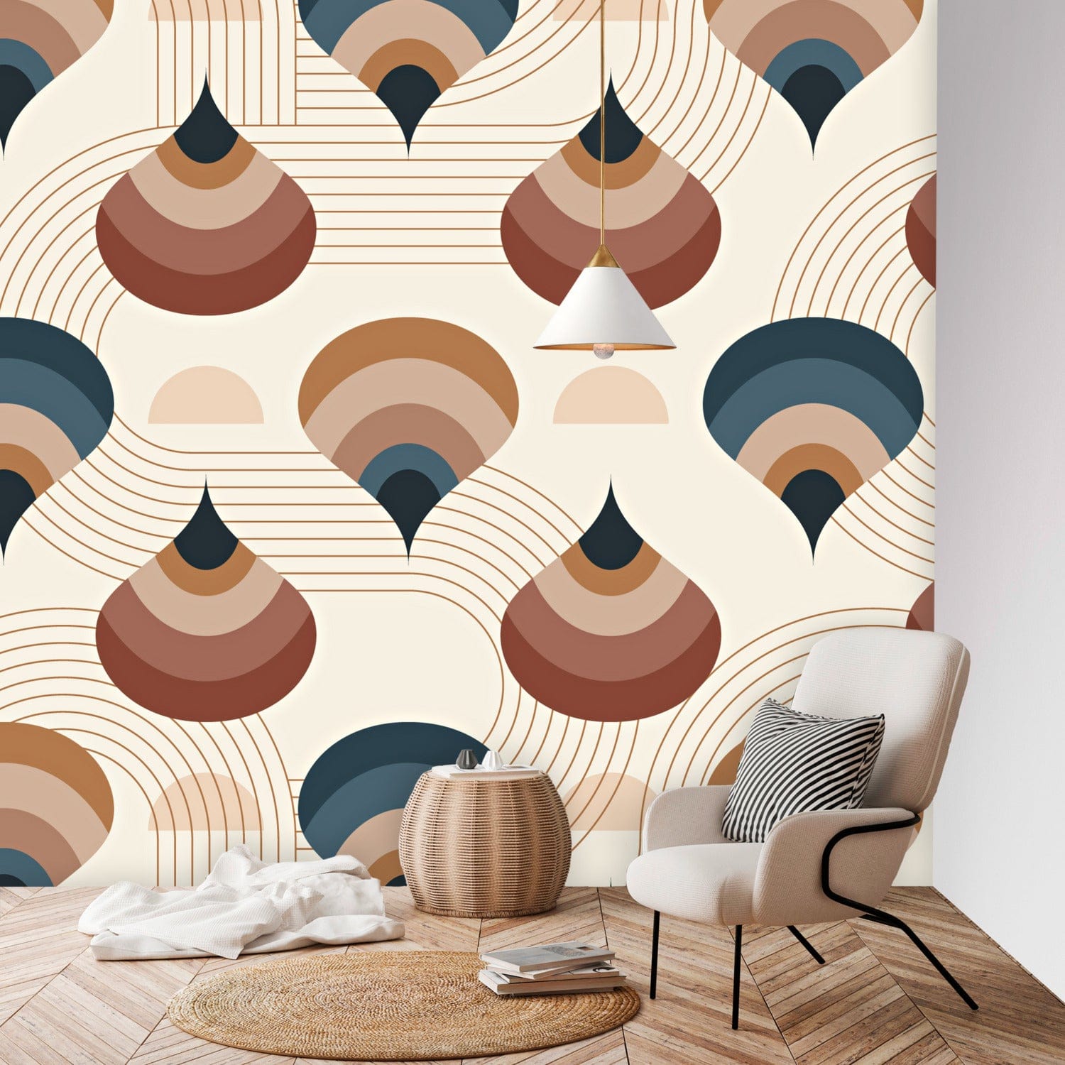 Mid Century Modern, Boho Vibes, Beige Groovy, Eartones, Peel And Stick Wall Murals Wallpaper H96 x W100
