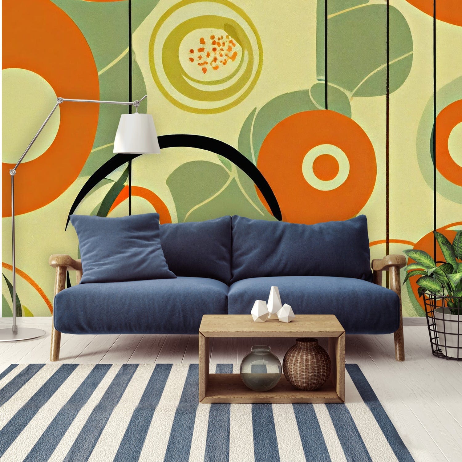 Mid Century Modern Wallpaper Groovy Green And Orange, Retro MCM Peel And Stick Wall Murals Wallpaper H96 x W140