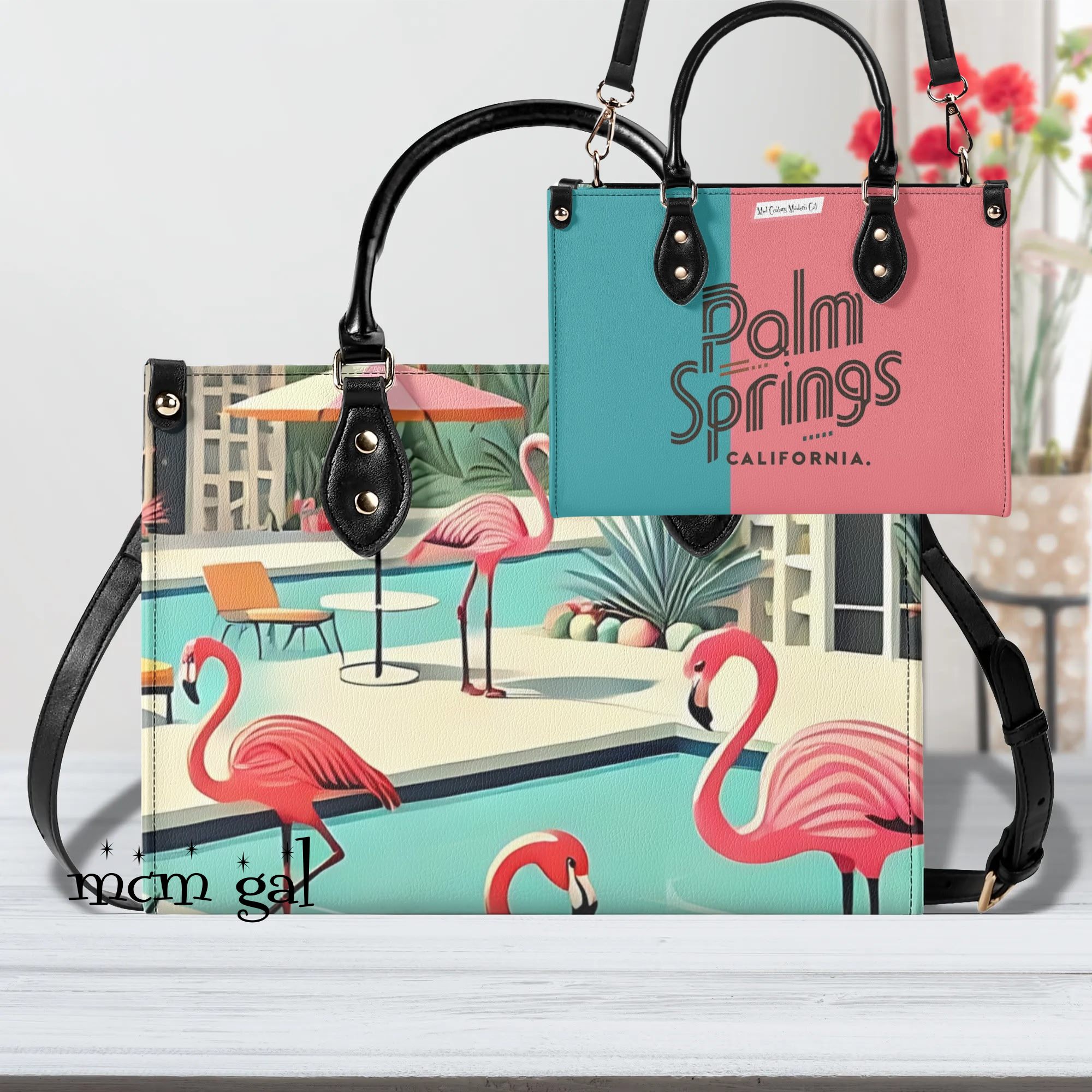 Palm Springs California Purse, Handbag, Shoulder Bag Mod Kitschy 50s Flamingo Bag - Mid Century Modern Gal