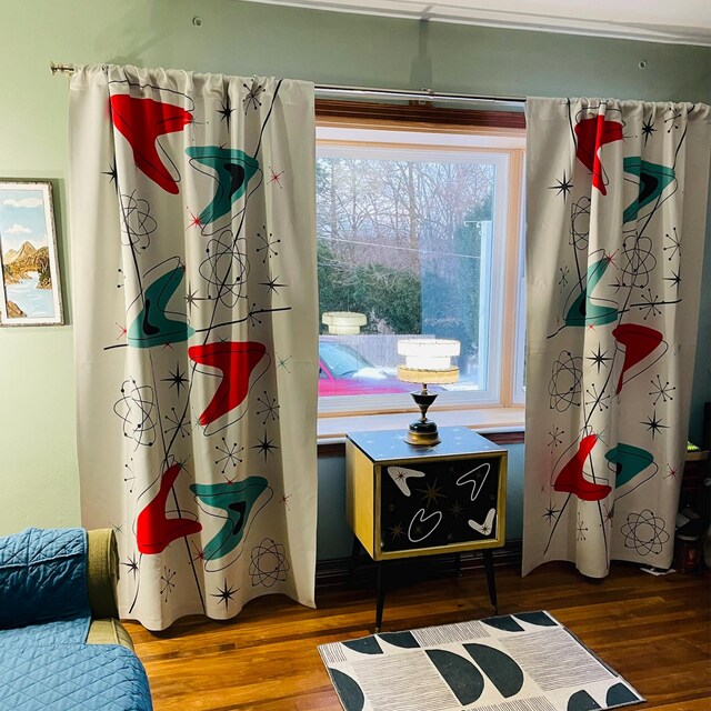 Mid Century Modern Atomic Boomerangs Red, Teal Starburst Retro Futurist Window Curtains (1 Piece) - Mid Century Modern Gal