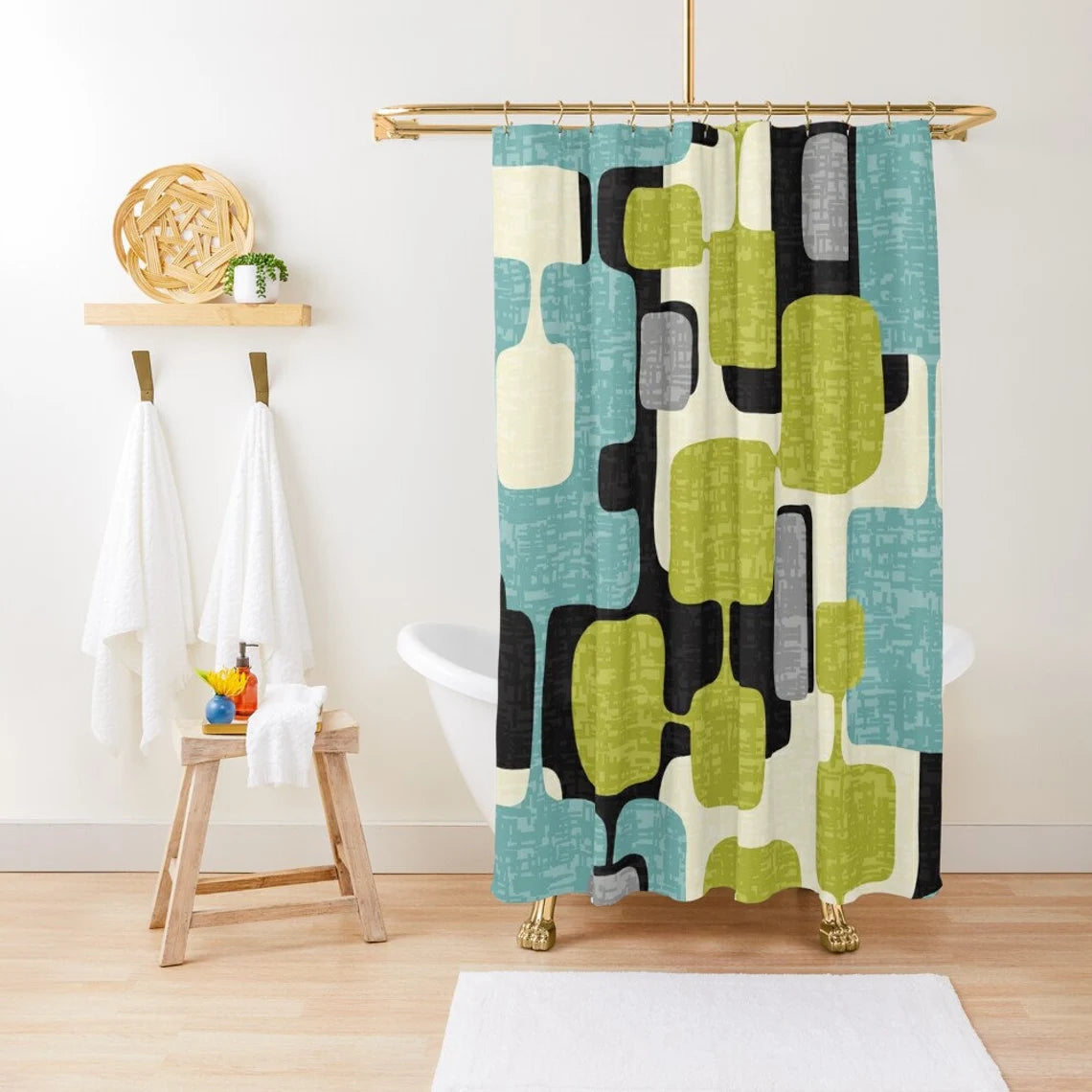 Mid Century Modern Geometric Mod Shower Curtain, Black, Gray, Aqua, Green Bath Decor - Mid Century Modern Gal