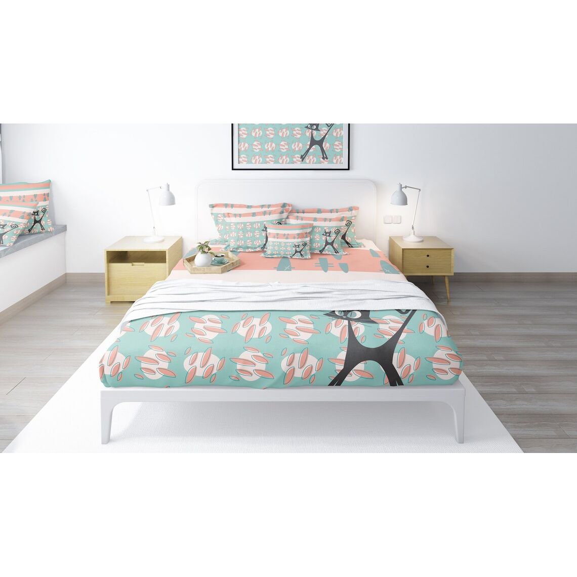50s Nostalgic Atomic Cat Mid Century Modern Aqua, Coral Pink Peach, Kitschy Mid Century Modern Duvet Cover - Mid Century Modern Gal