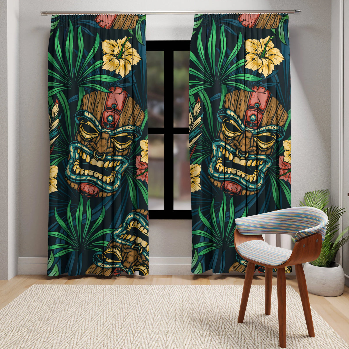 Tiki Idol Man Blackout Tropical Tiki Window Curtain - Vibrant Home Decor, Boho Style, Gift for Plant Lovers, Hawaiian Theme, Summer Vibes - Mid Century Modern Gal