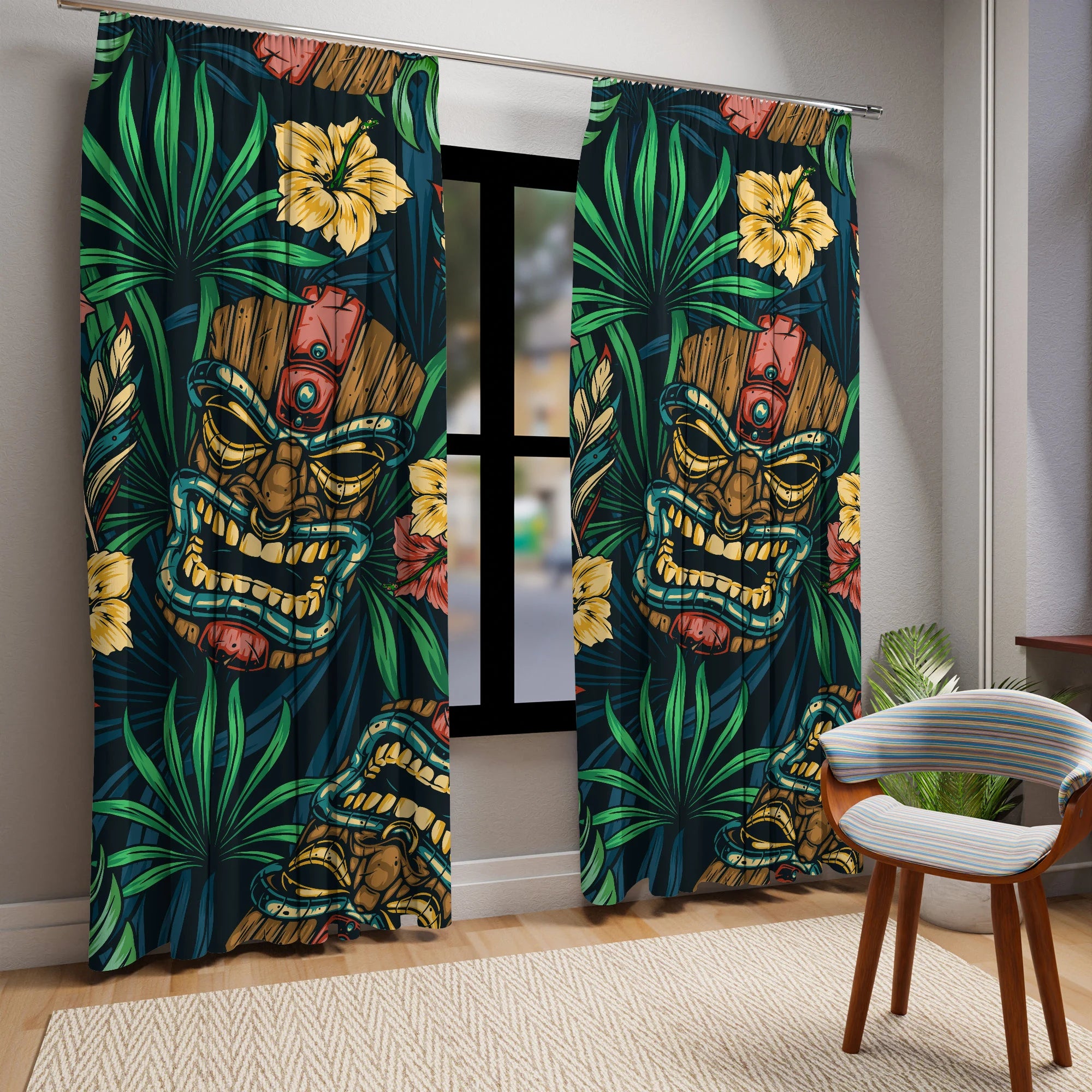 Tiki Idol Man Blackout Tropical Tiki Window Curtain - Vibrant Home Decor, Boho Style, Gift for Plant Lovers, Hawaiian Theme, Summer Vibes - Mid Century Modern Gal