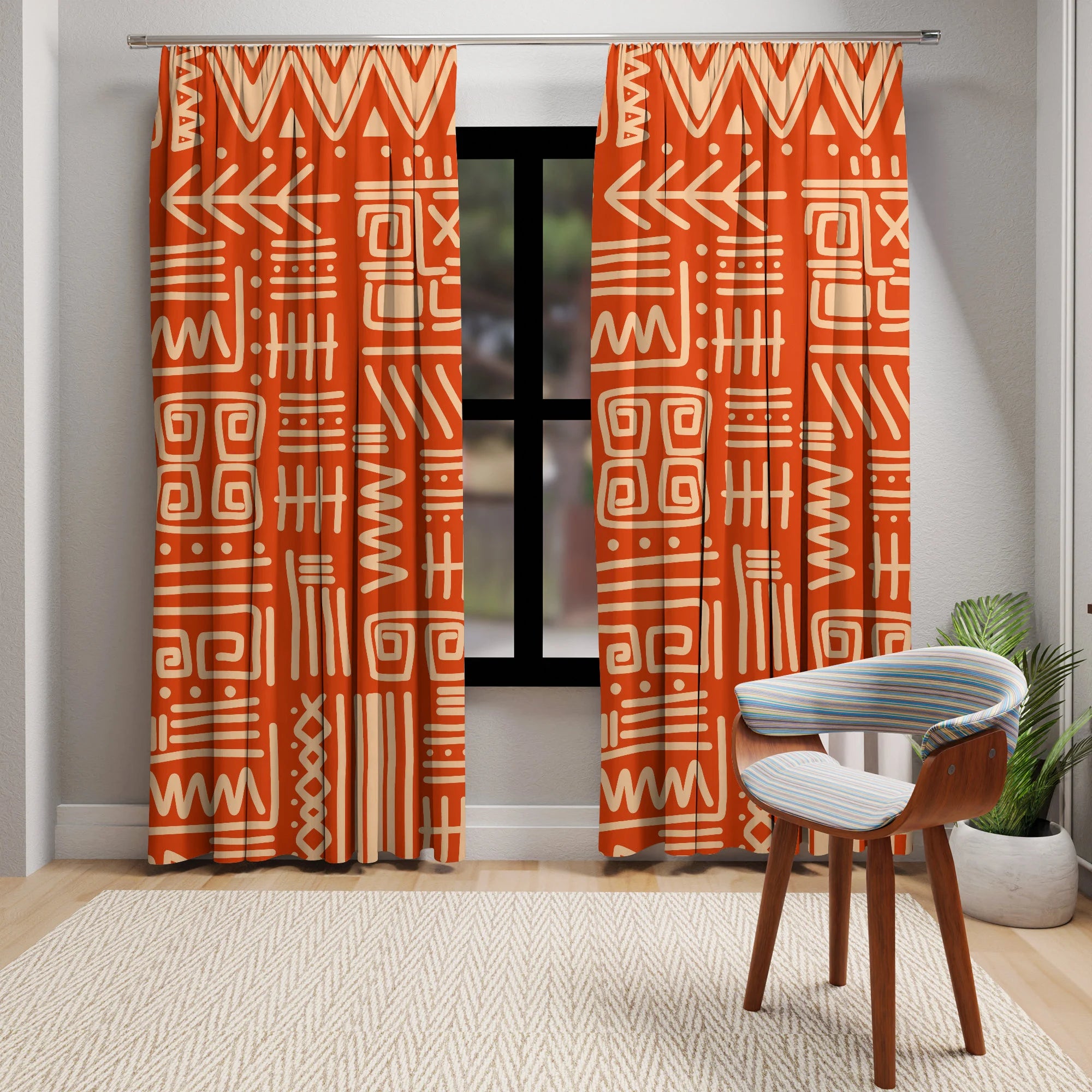 Retro Tiki Home Decor, Dark Orange, Beige, Abstract Art Design, Mid Mod Custom Window Curtains (1 Piece) - Mid Century Modern Gal