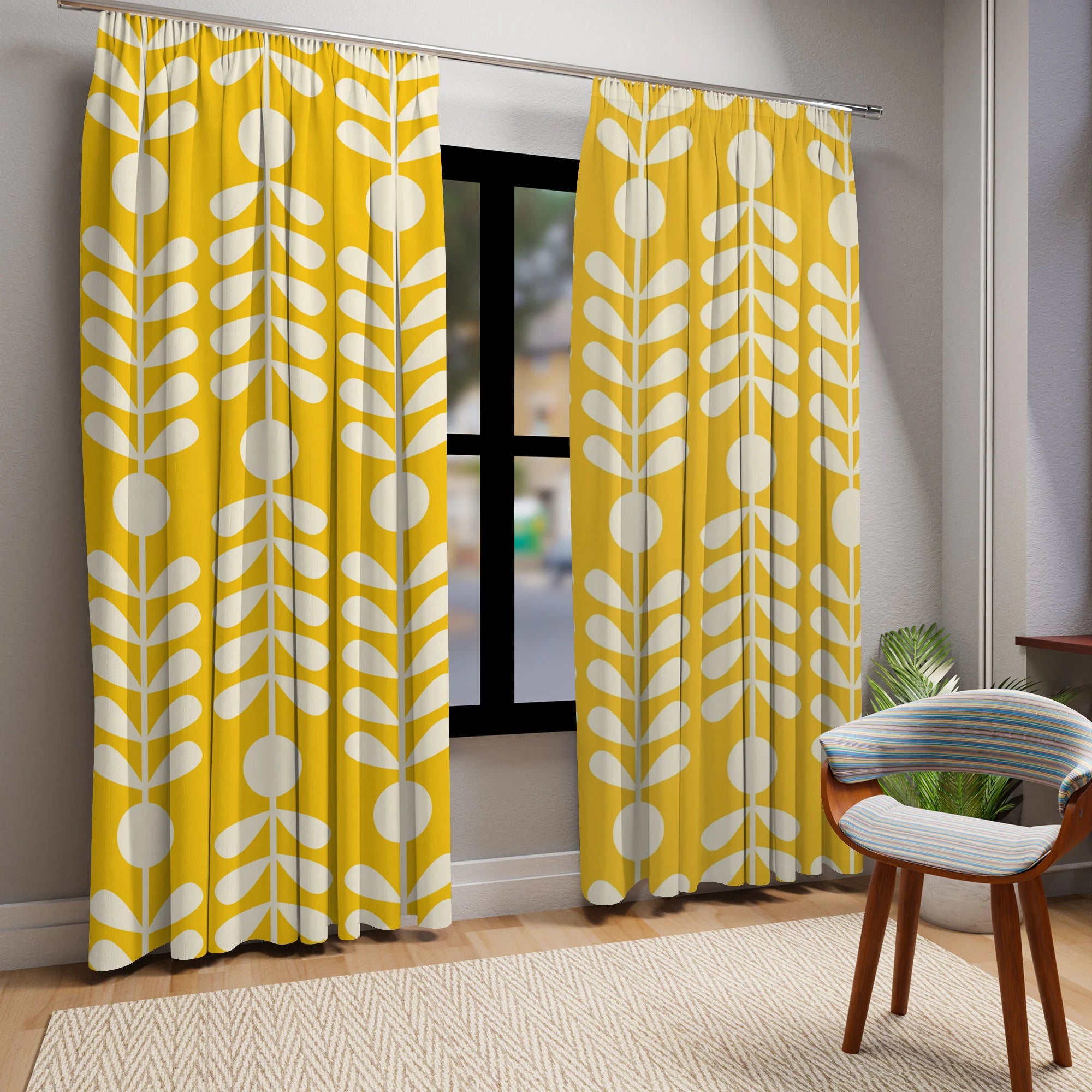 Scandinavian, Modern Danish, Minimalist, Yellow White, Abstract, Hygge Folk Art Retro Mod Window Curtains (1 Piece) - Mid Century Modern Gal