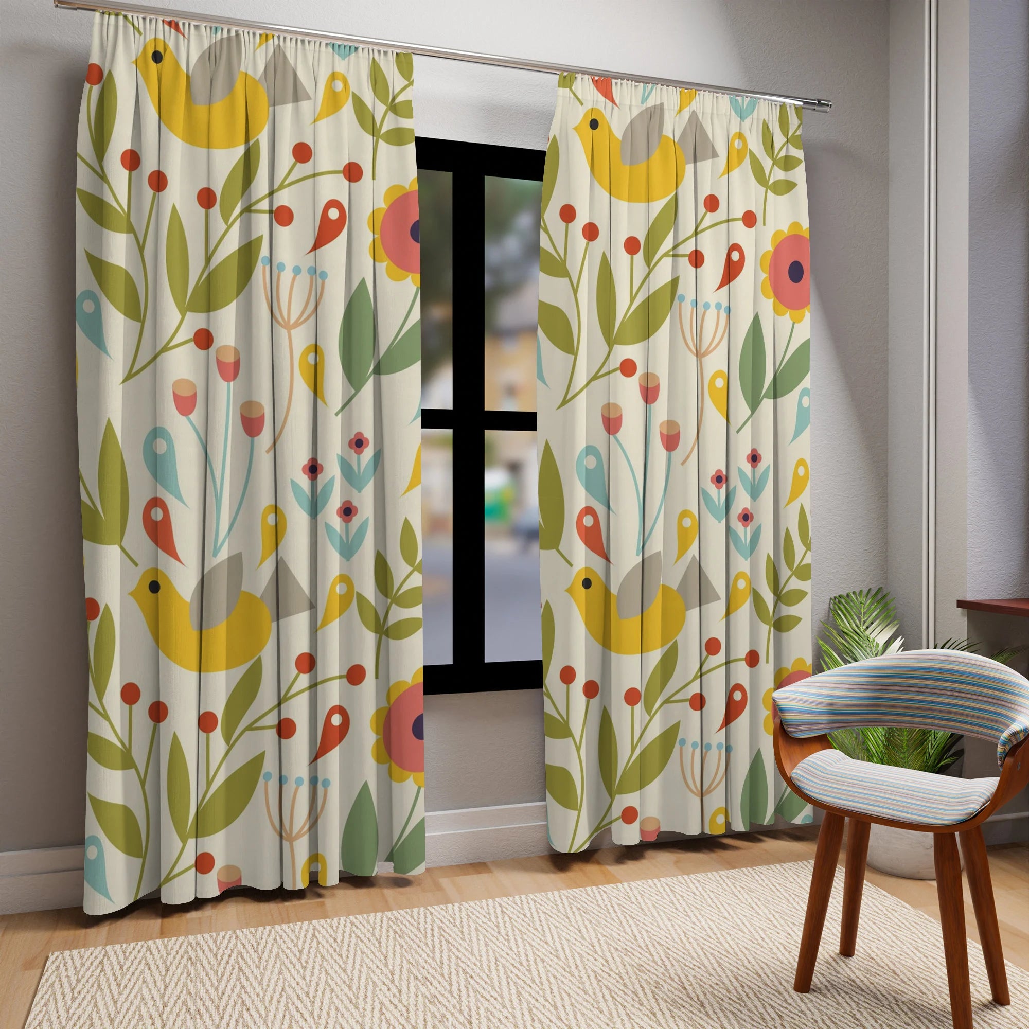 Folk Art, Modern Danish Hygge, Scandinavian, Norwegian, Bird, Floral, Yellow, Orange, Green, Window Curtains (1 Piece) - Mid Century Modern Gal