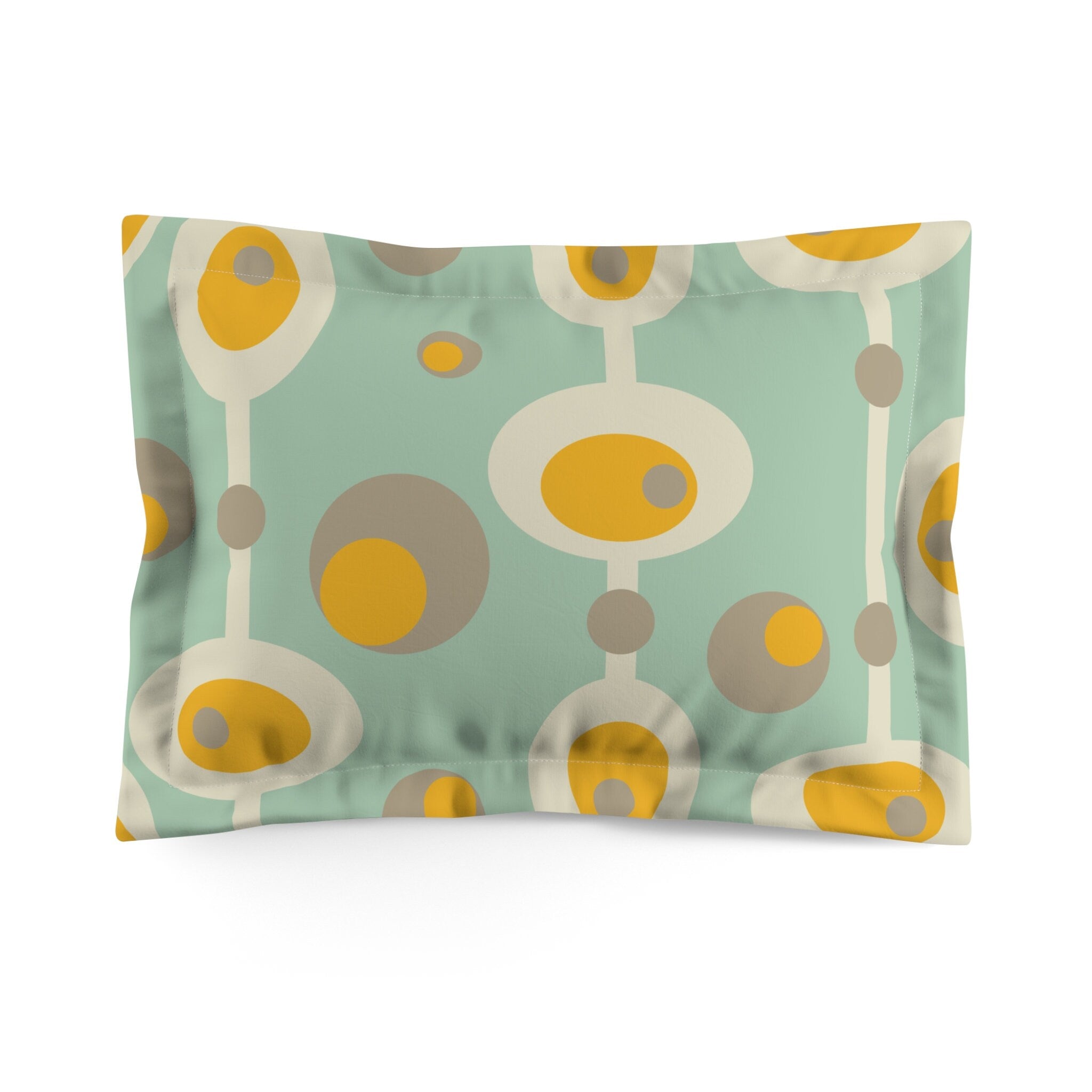 Mid Century Modern Pillow Sham, Mustard Yellow, Mint, Beige, Gray Orb, Retro Groovy Mid Mod Pillow Sham - Mid Century Modern Gal