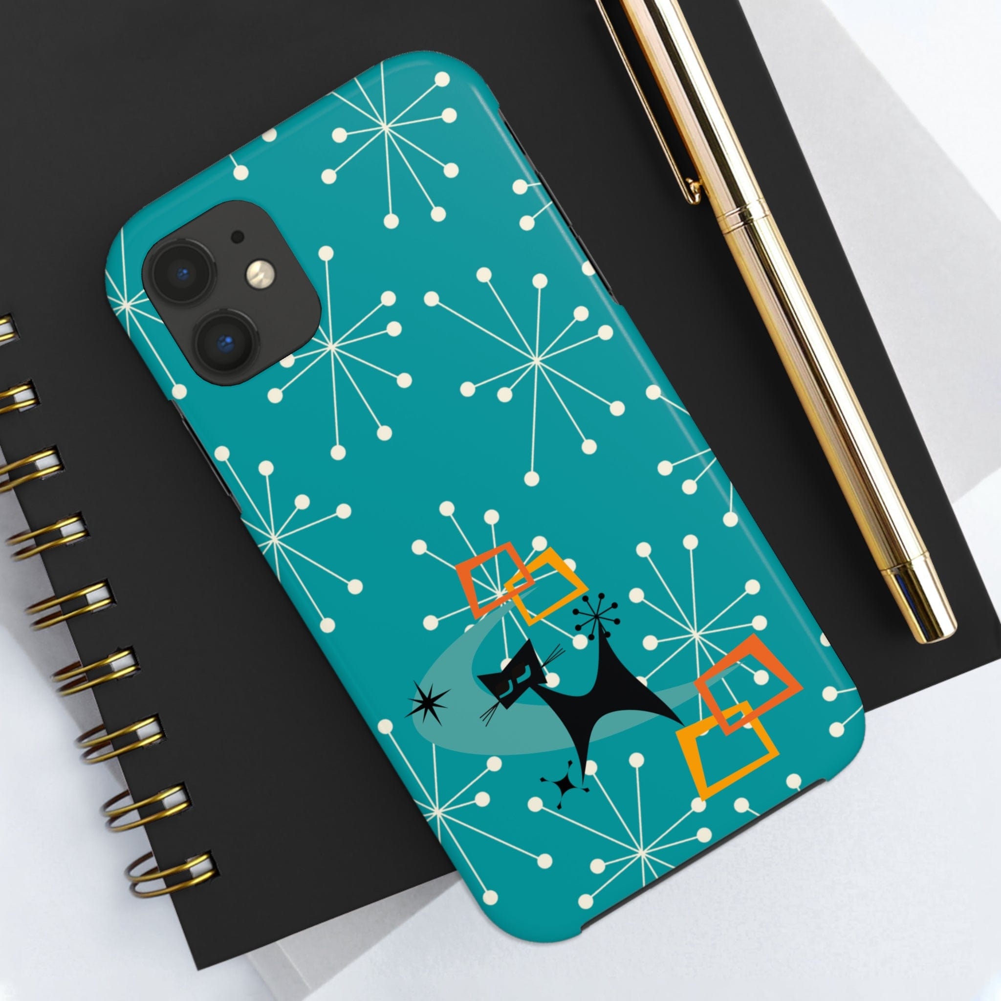 Atomic Space Cat, Starburst Blue, Retro Groovy Smart Phone Tough Phone Cases Phone Case iPhone 11
