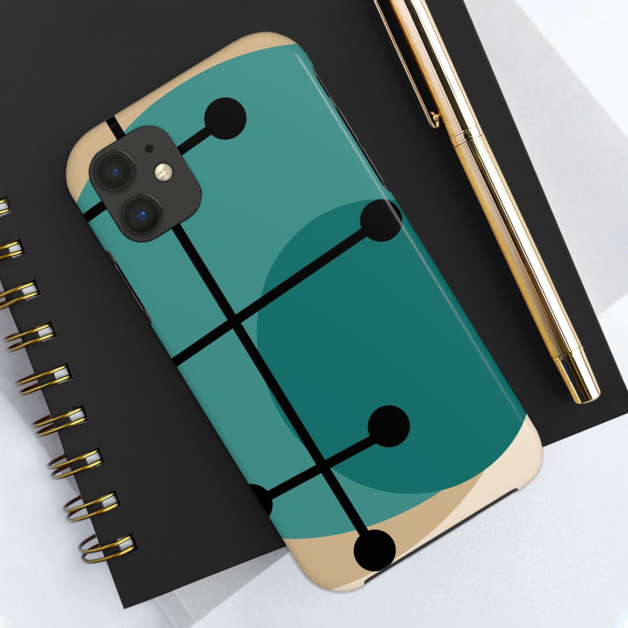 Mid Century Mod, Geometric, Retro Beige Teal Blue, Smart Phones Tough Phone Cases Phone Case iPhone 11