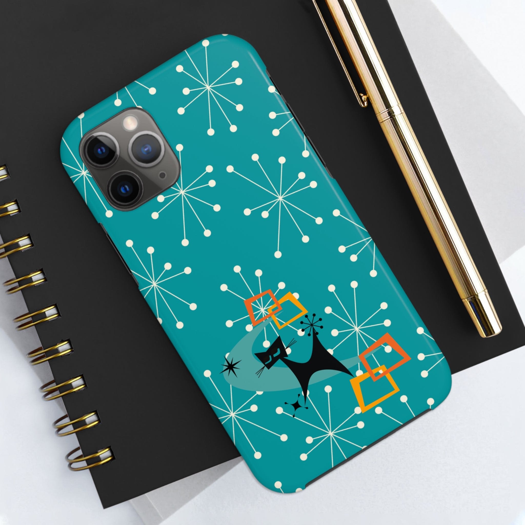 Atomic Space Cat, Starburst Blue, Retro Groovy Smart Phone Tough Phone Cases Phone Case iPhone 11 Pro