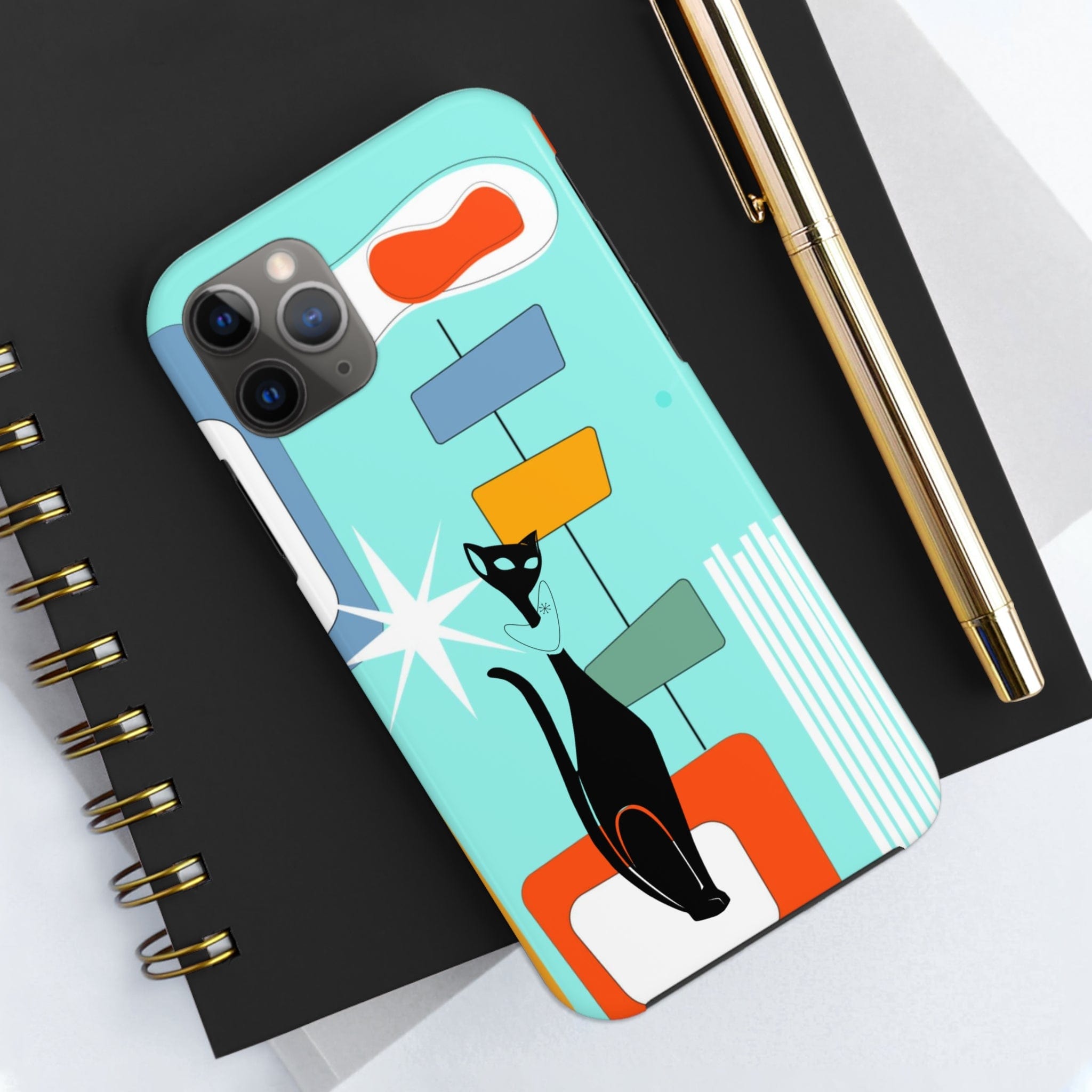 Atomic Cat, Mid Mod, Aqua Blue, Geometric Retro Smart Phone Tough Phone Cases Phone Case iPhone 11 Pro Max