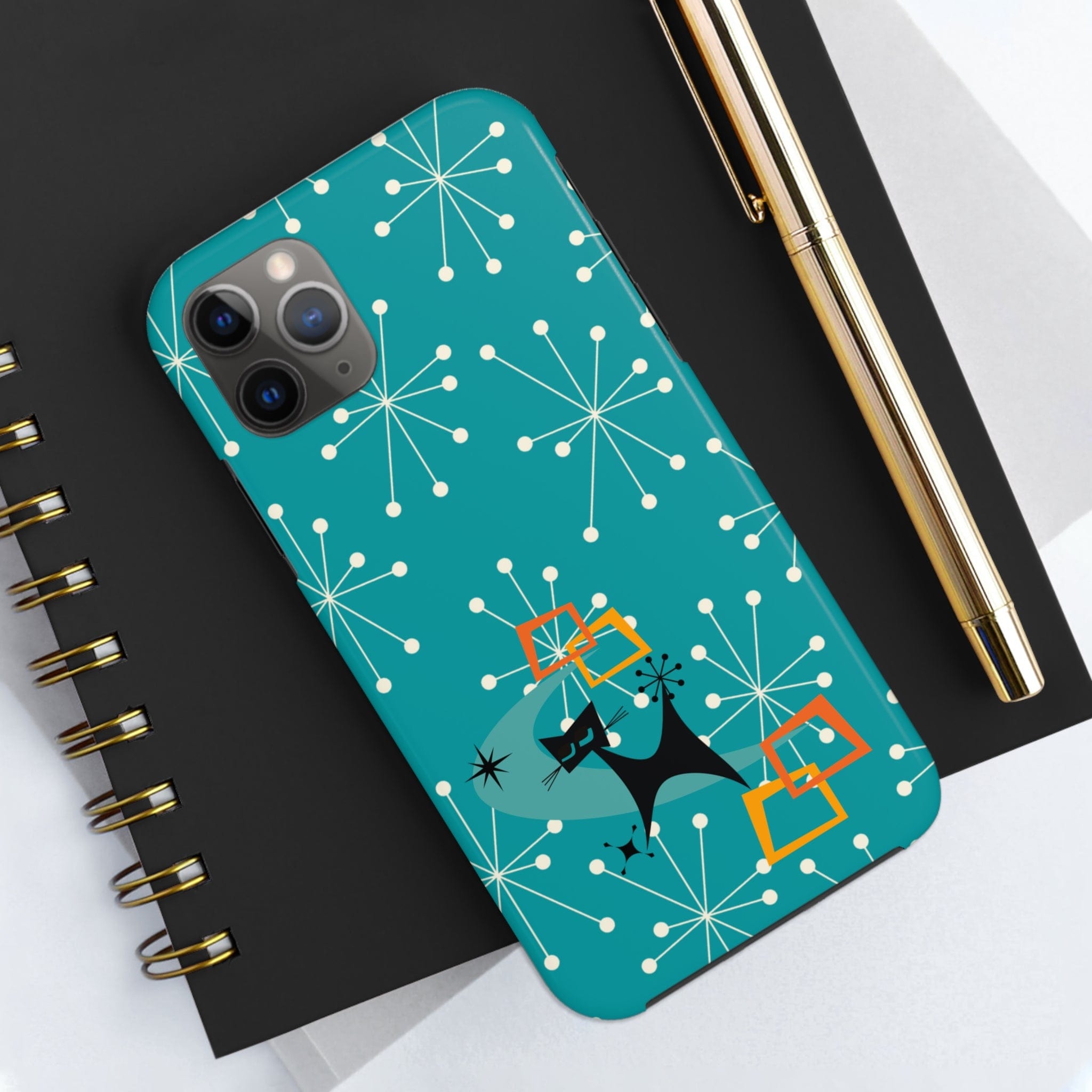 Atomic Space Cat, Starburst Blue, Retro Groovy Smart Phone Tough Phone Cases Phone Case iPhone 11 Pro Max