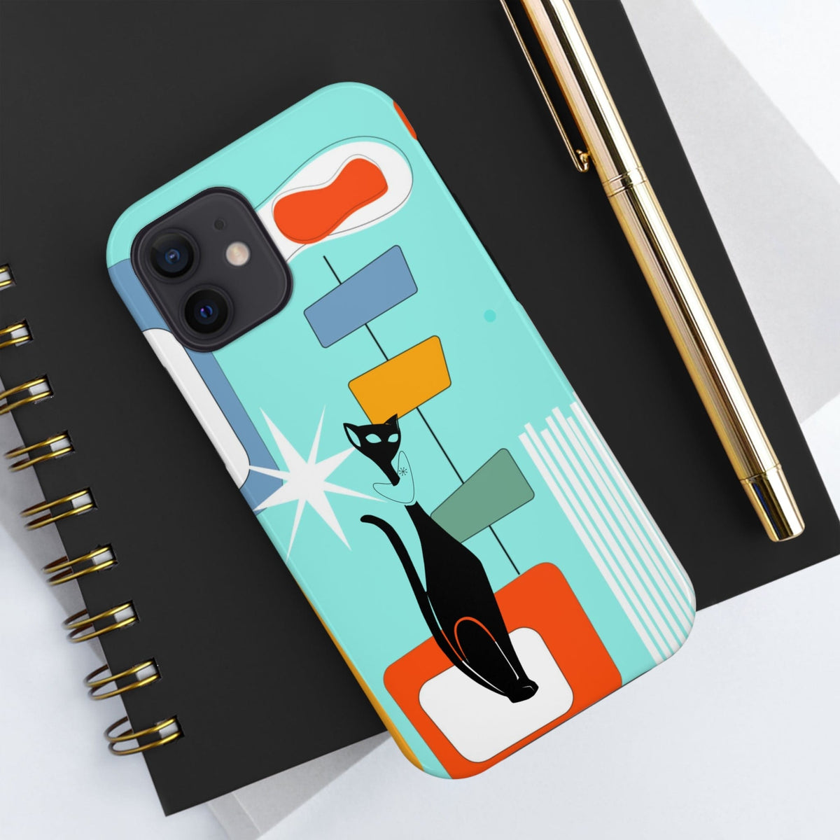 Atomic Cat, Mid Mod, Aqua Blue, Geometric Retro Smart Phone Tough Phone Cases Phone Case iPhone 12