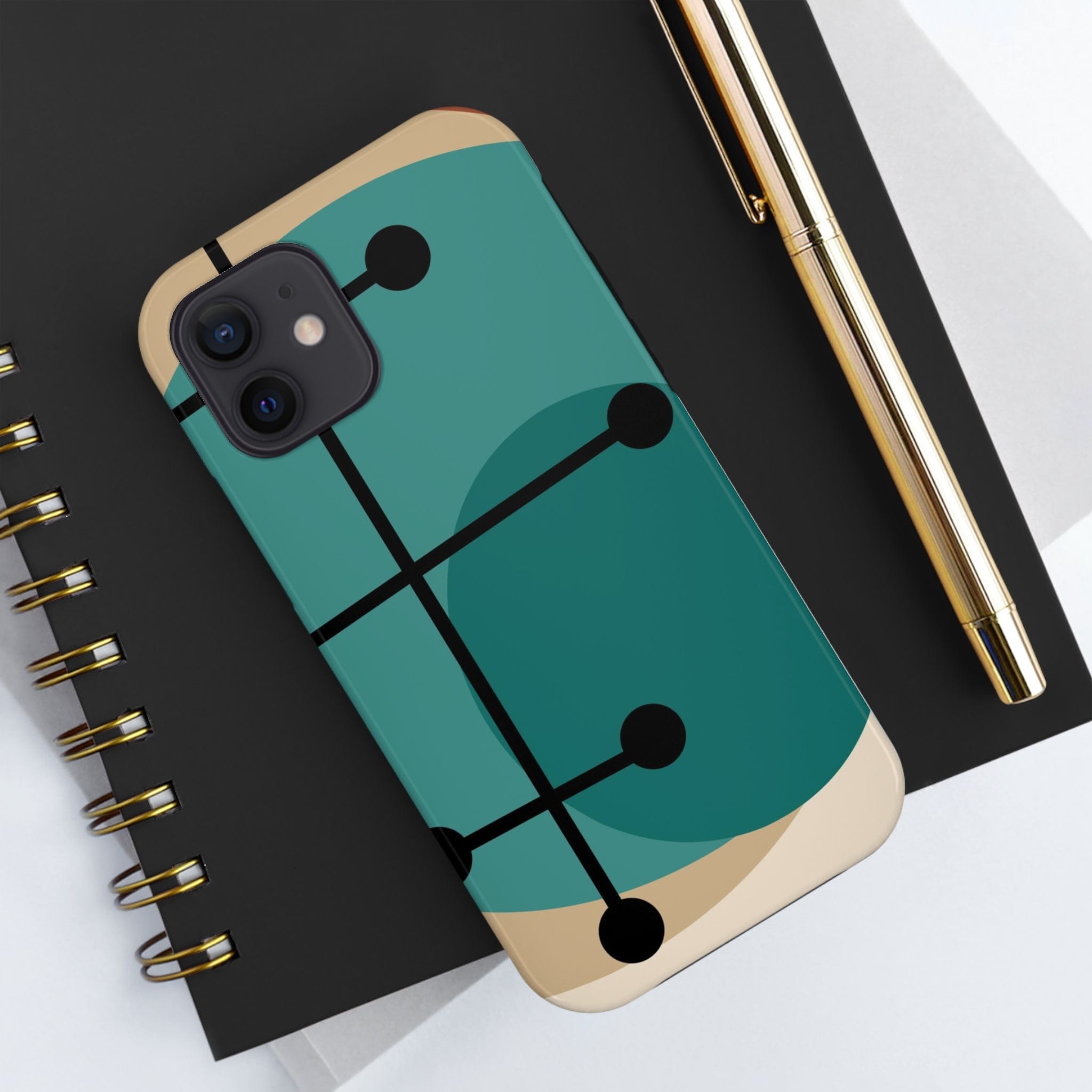 Mid Century Mod, Geometric, Retro Beige Teal Blue, Smart Phones Tough Phone Cases Phone Case iPhone 12