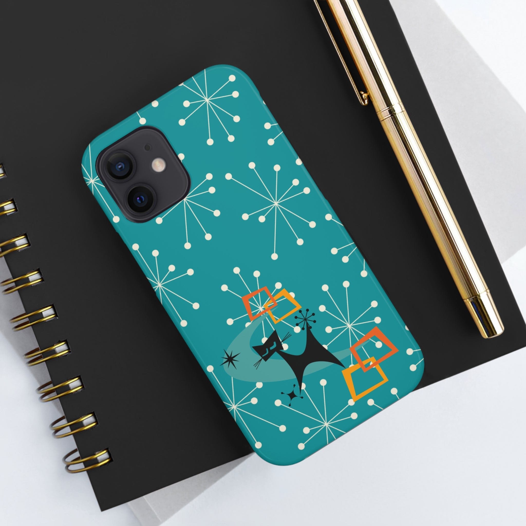 Atomic Space Cat, Starburst Blue, Retro Groovy Smart Phone Tough Phone Cases Phone Case iPhone 12 Mini