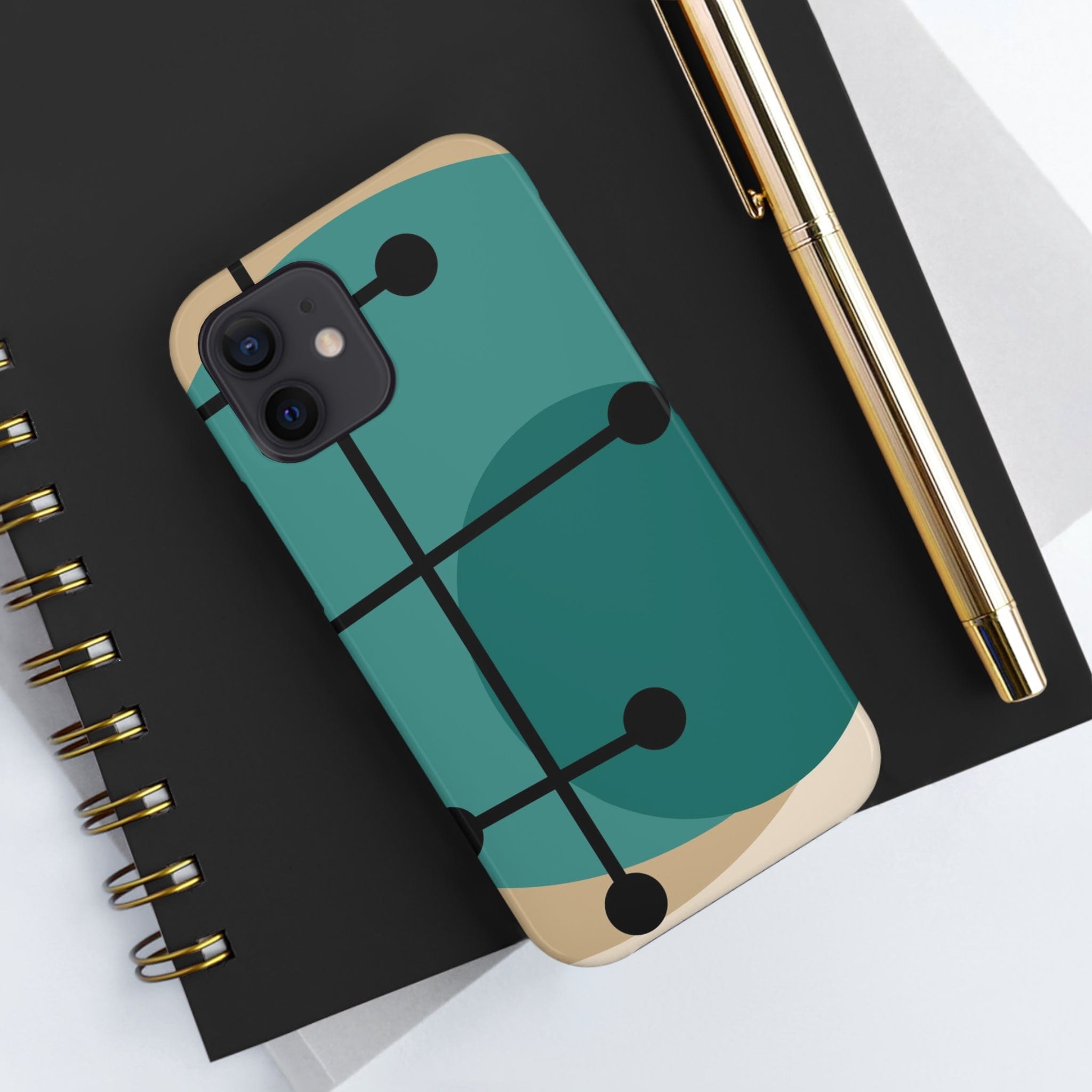 Mid Century Mod, Geometric, Retro Beige Teal Blue, Smart Phones Tough Phone Cases Phone Case iPhone 12 Mini