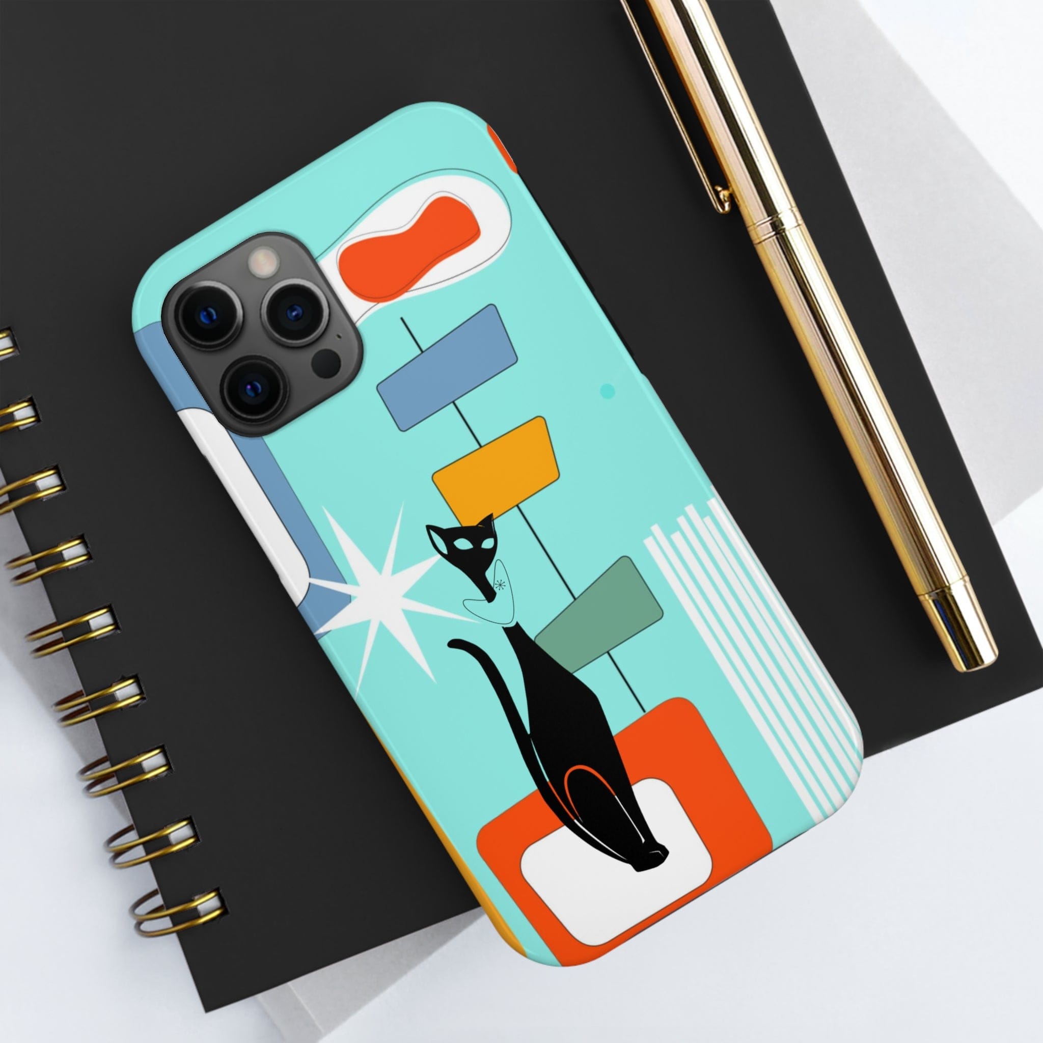 Atomic Cat, Mid Mod, Aqua Blue, Geometric Retro Smart Phone Tough Phone Cases Phone Case iPhone 12 Pro