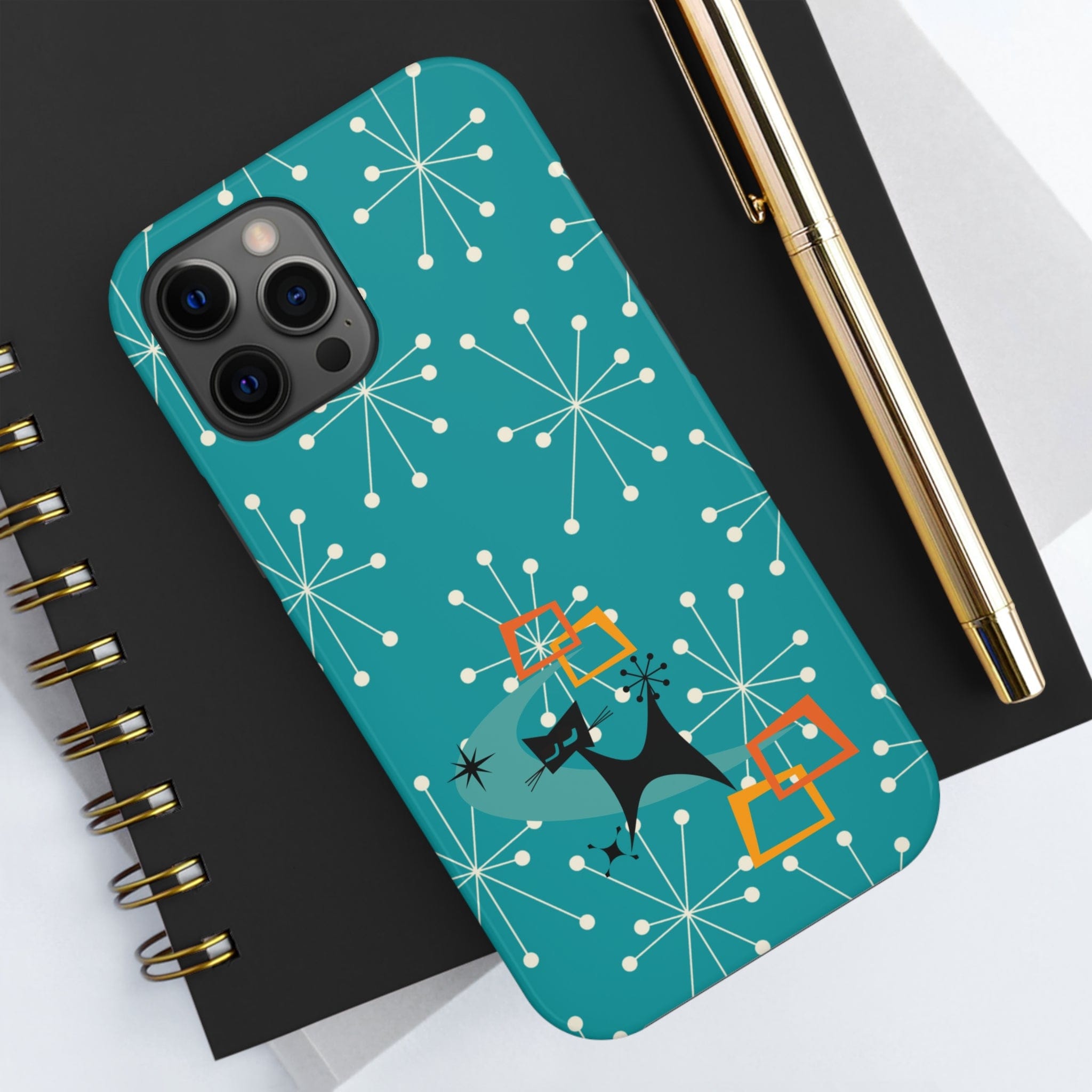 Atomic Space Cat, Starburst Blue, Retro Groovy Smart Phone Tough Phone Cases Phone Case iPhone 12 Pro Max