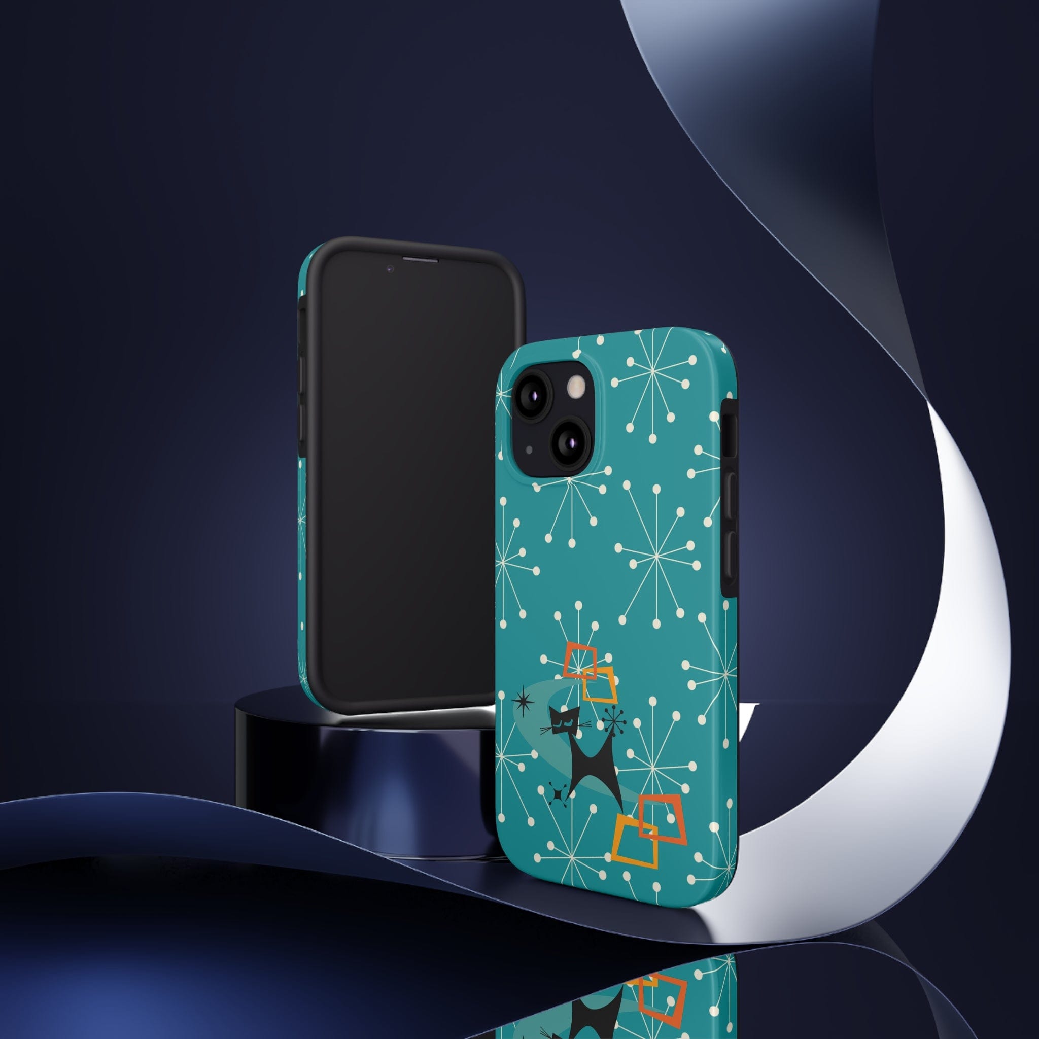 Atomic Space Cat, Starburst Blue, Retro Groovy Smart Phone Tough Phone Cases Phone Case iPhone 13 Mini