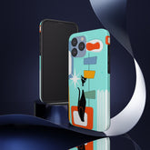 Atomic Cat, Mid Mod, Aqua Blue, Geometric Retro Smart Phone Tough Phone Cases Phone Case iPhone 13 Pro Max Mid Century Modern Gal