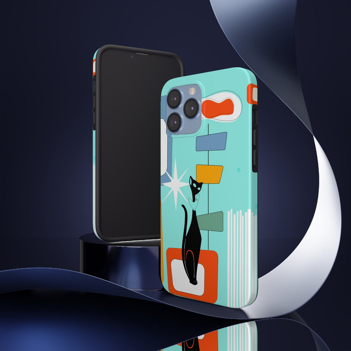 Atomic Cat, Mid Mod, Aqua Blue, Geometric Retro Smart Phone Tough Phone Cases Phone Case iPhone 13 Pro Max